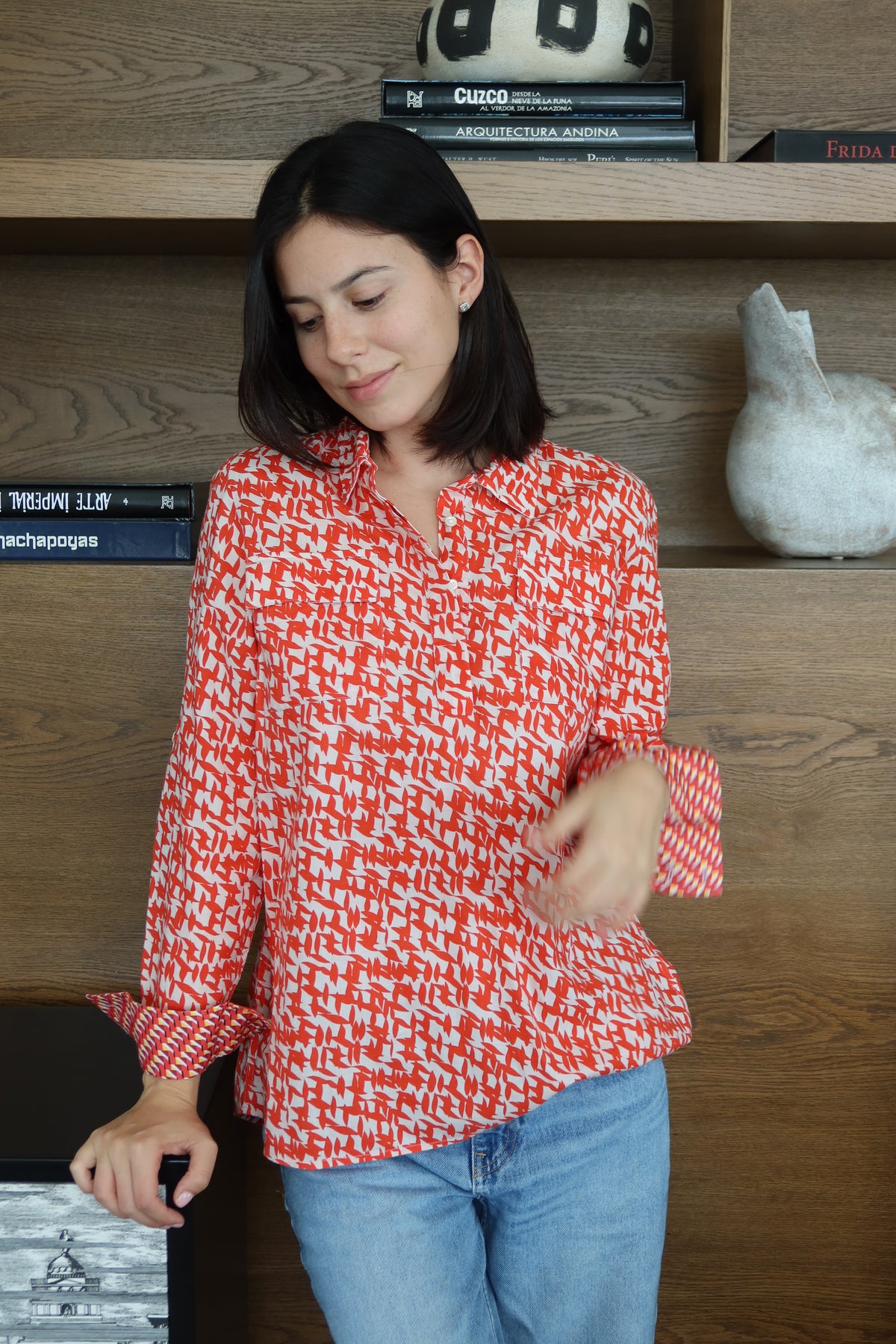 Robert Graham Red & White Geometric-Print Blouse