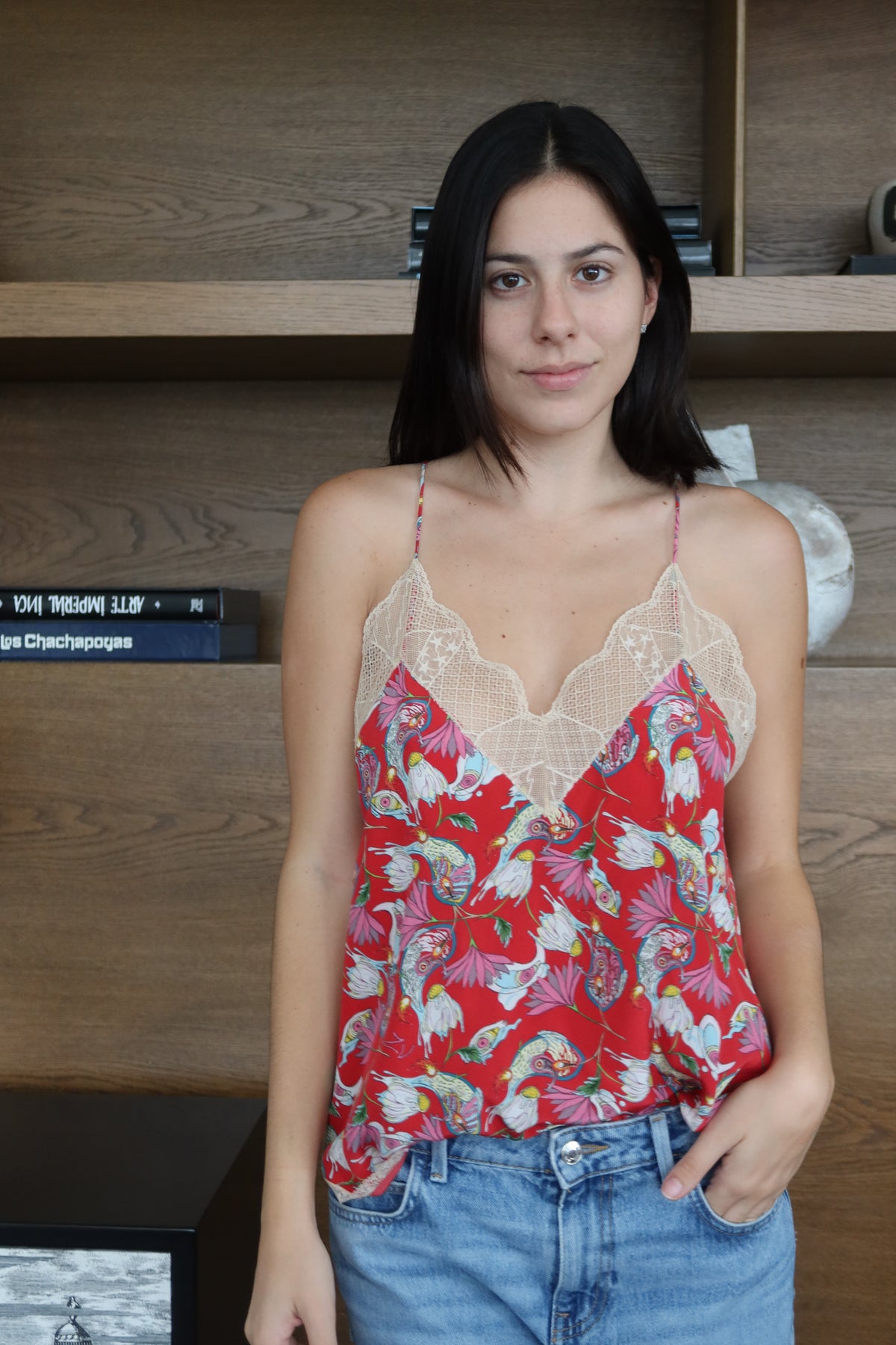 Zadig & Voltaire Red Floral Lace Cami Top