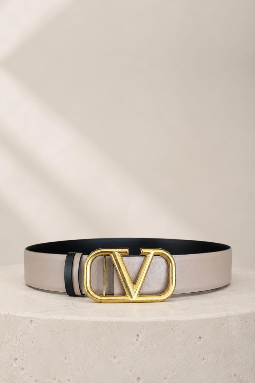 Correa Reversible de Cuero Negra y Taupe Valentino VLogo