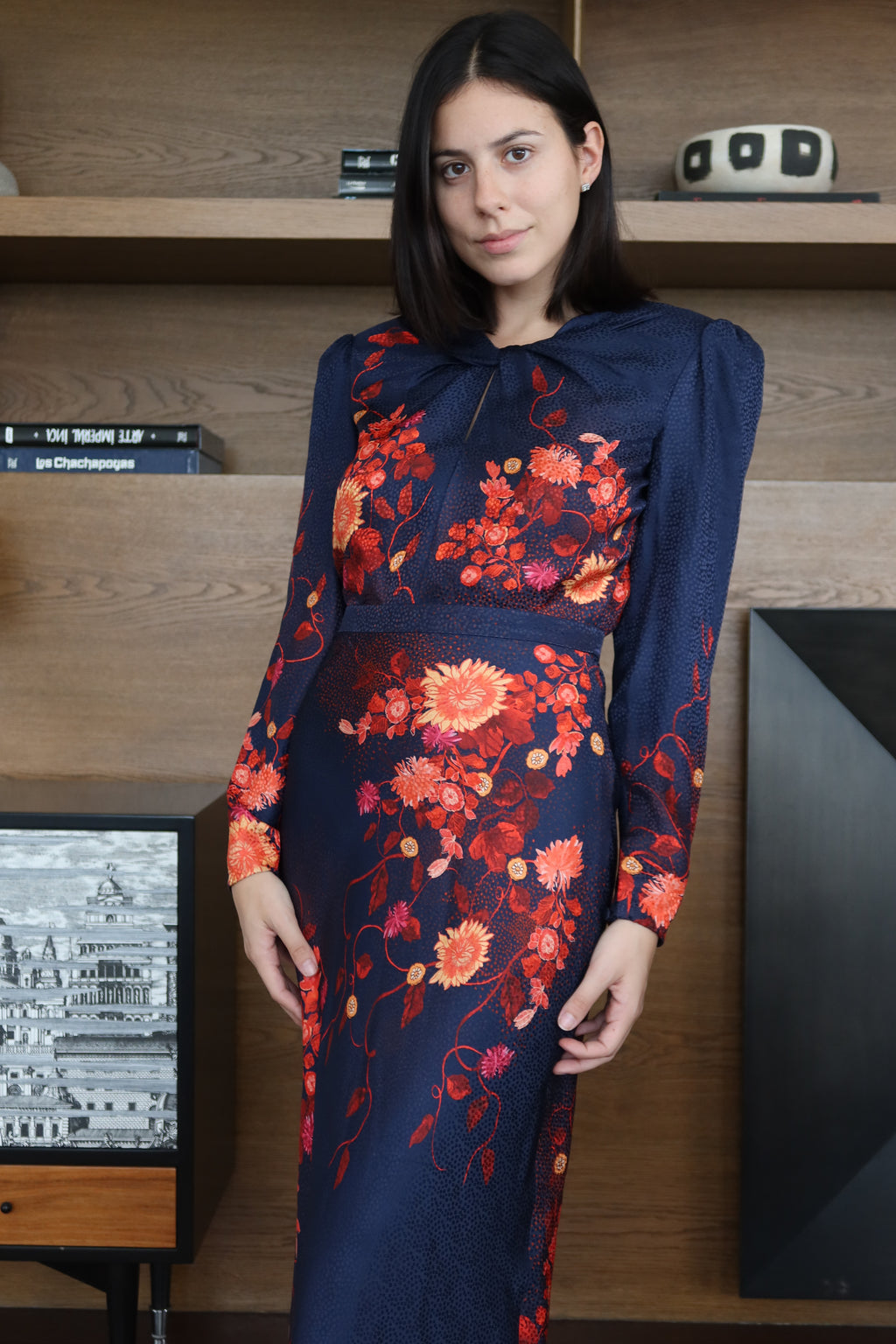 Saloni Navy Floral Print Maxi Dress