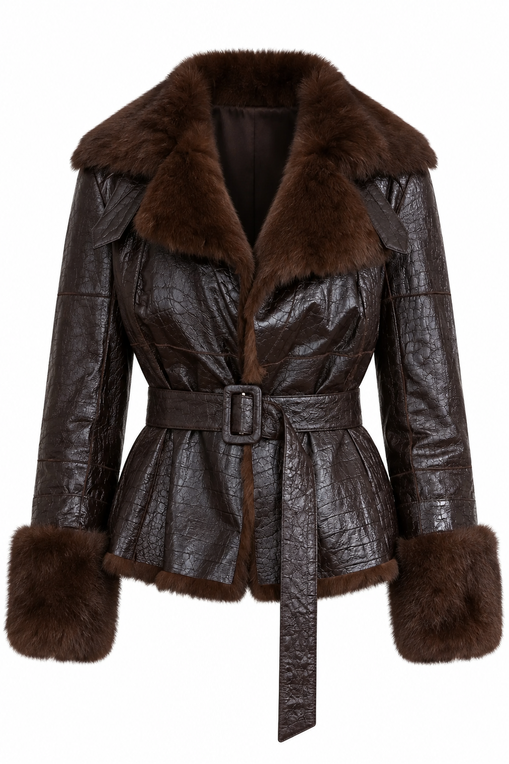 Bebe Brown Faux Fur Trim Belted Jacket