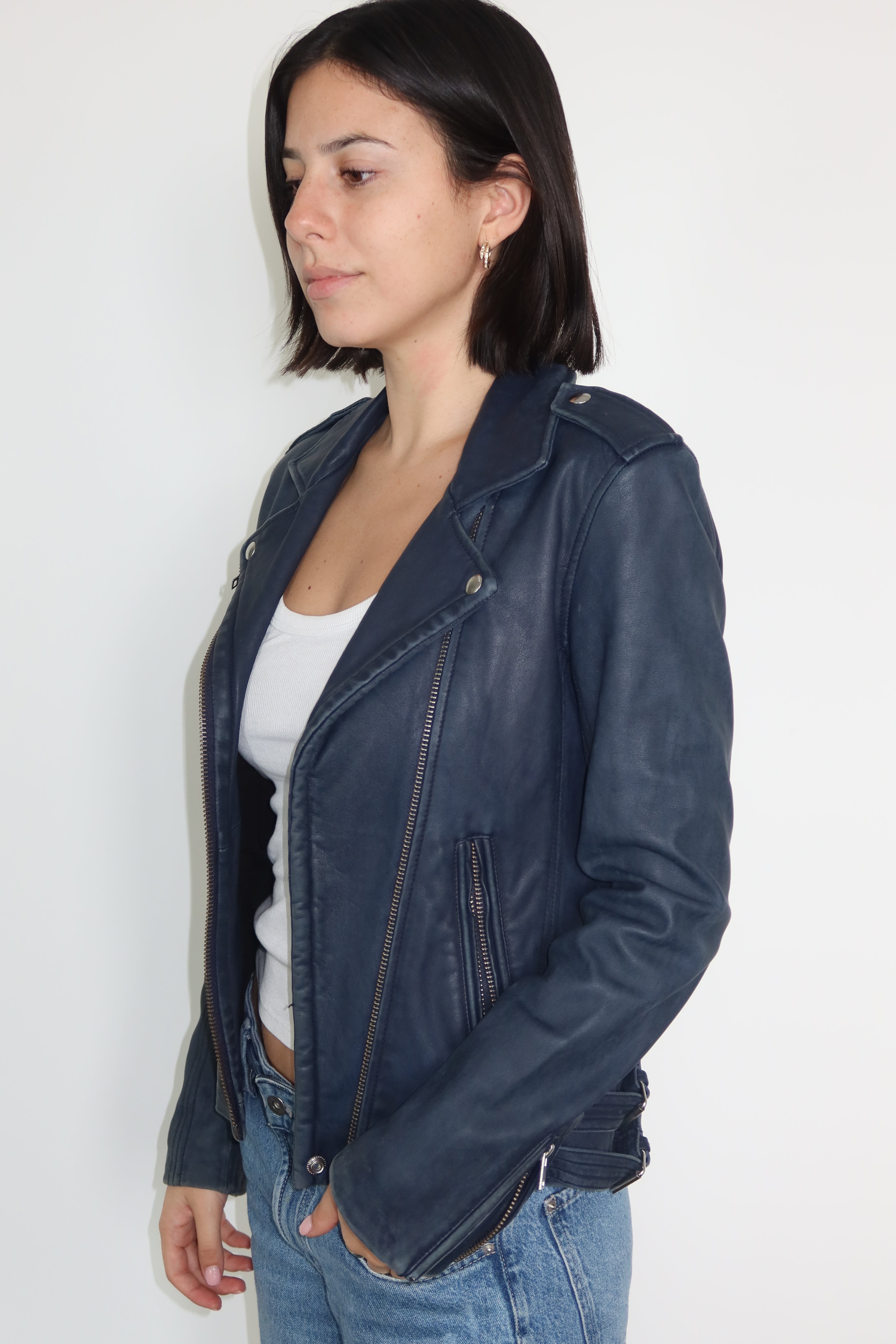 IRO Casaca Biker de Cuero Azul