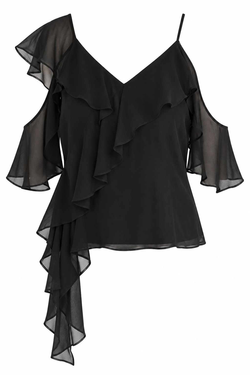 Alice + Olivia Black Sheer Ruffle Top