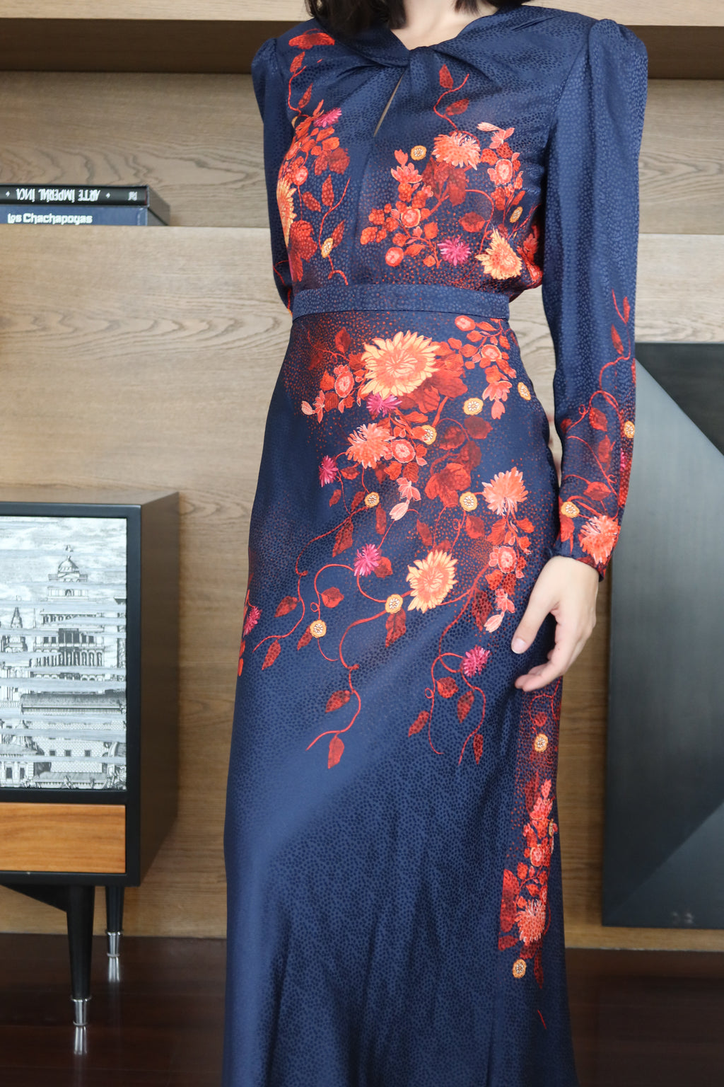 Saloni Navy Floral Print Maxi Dress