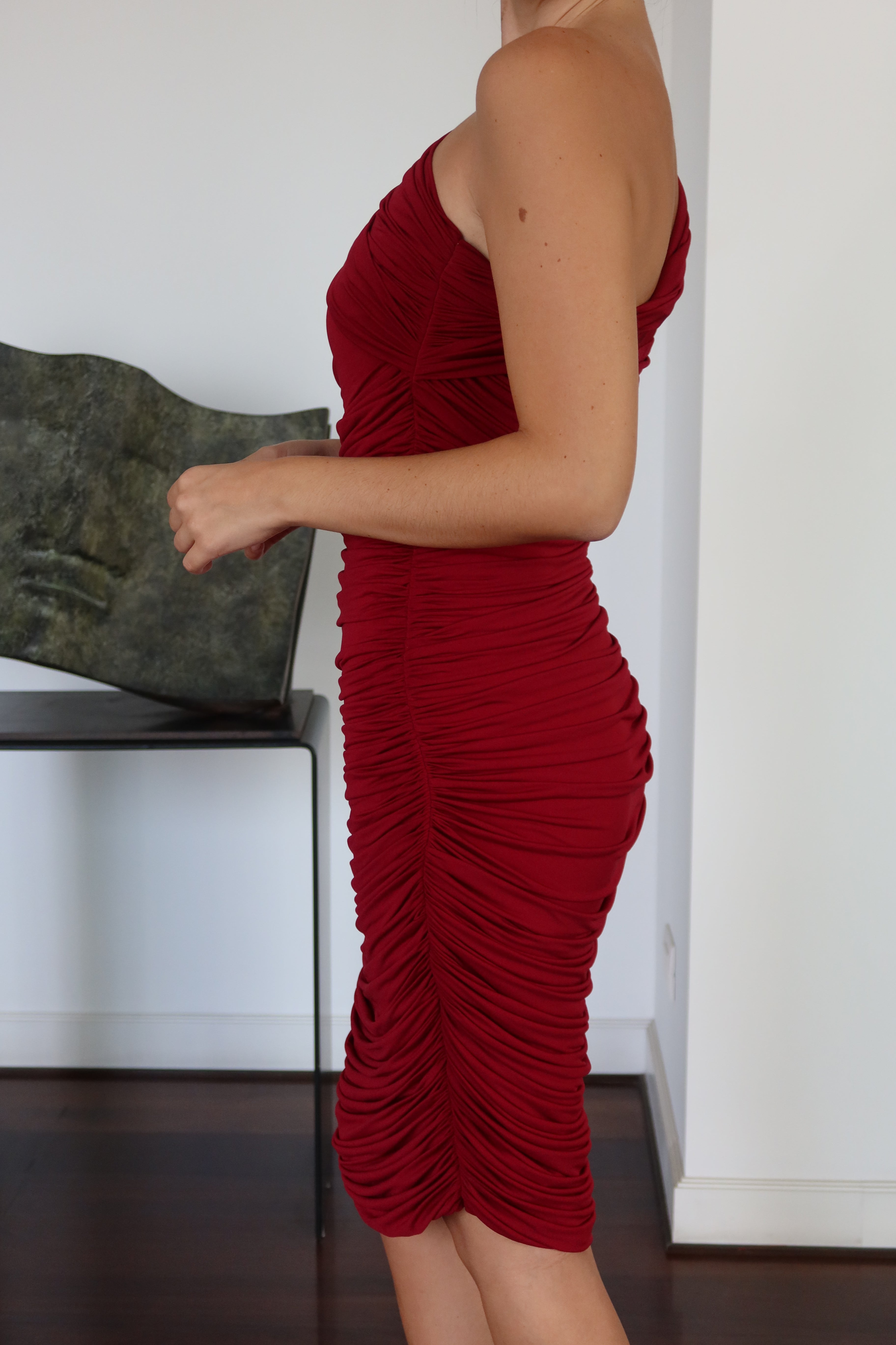 Elie Tahari Red Ruched One-Shoulder Dress