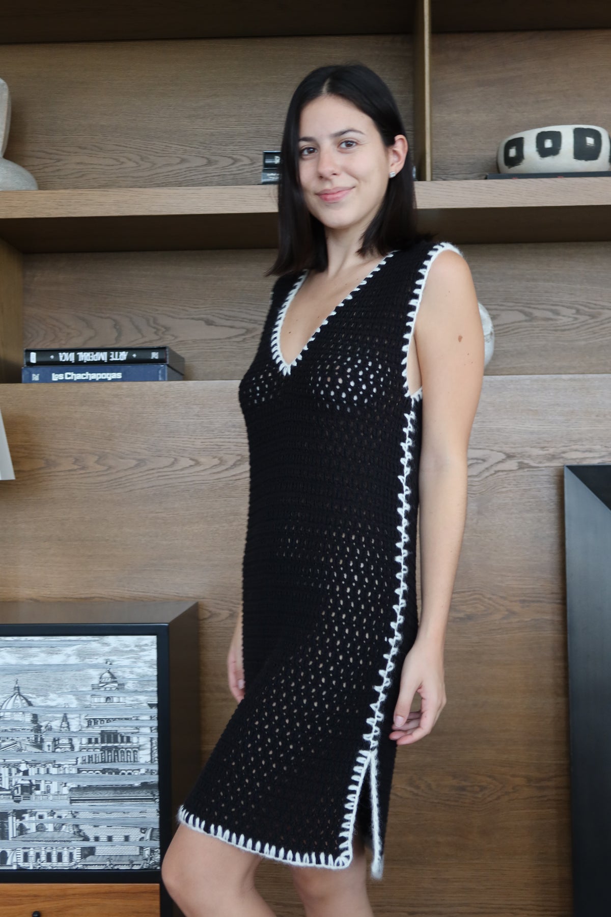 Fringe Black & White Crochet Mini Dress
