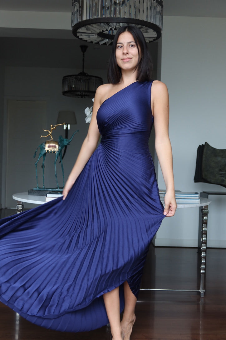 Vestido Maxi Azul Marino Plisado de Un Hombro A.L.C