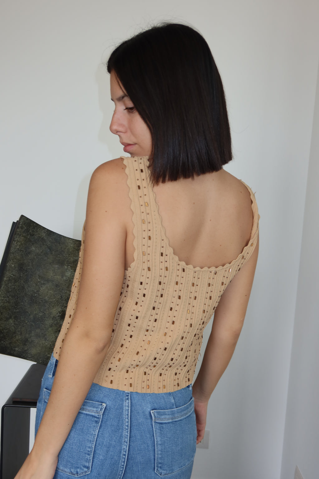 Sandro Beige Embellished Knit Tank Top