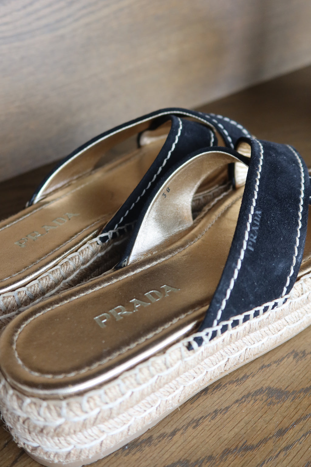 Sandalias Espadrille de Plataforma de Cuero Negro de Prada
