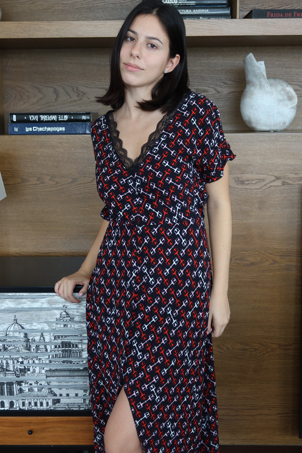 Maje Printed Lace-Trim Midi Dress