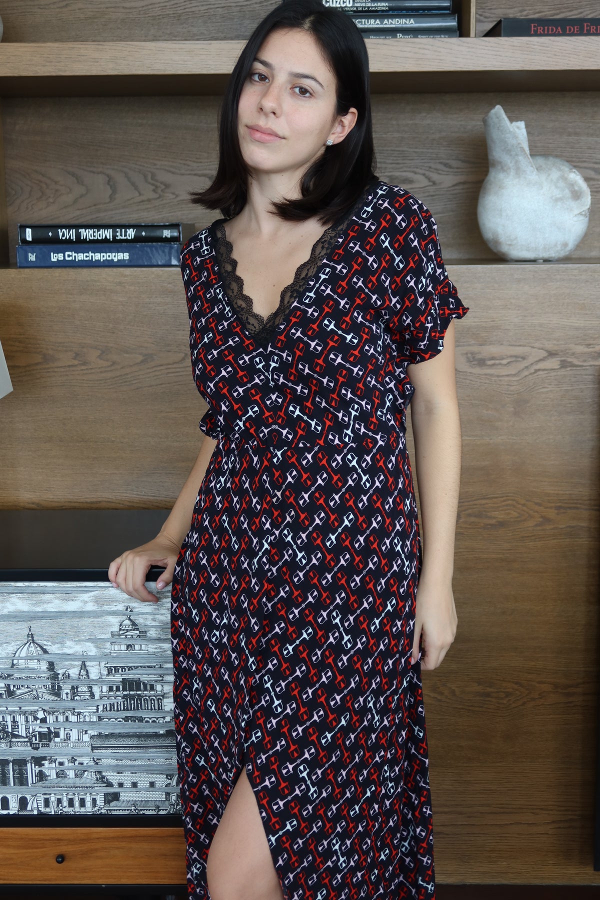 Maje Printed Lace-Trim Midi Dress