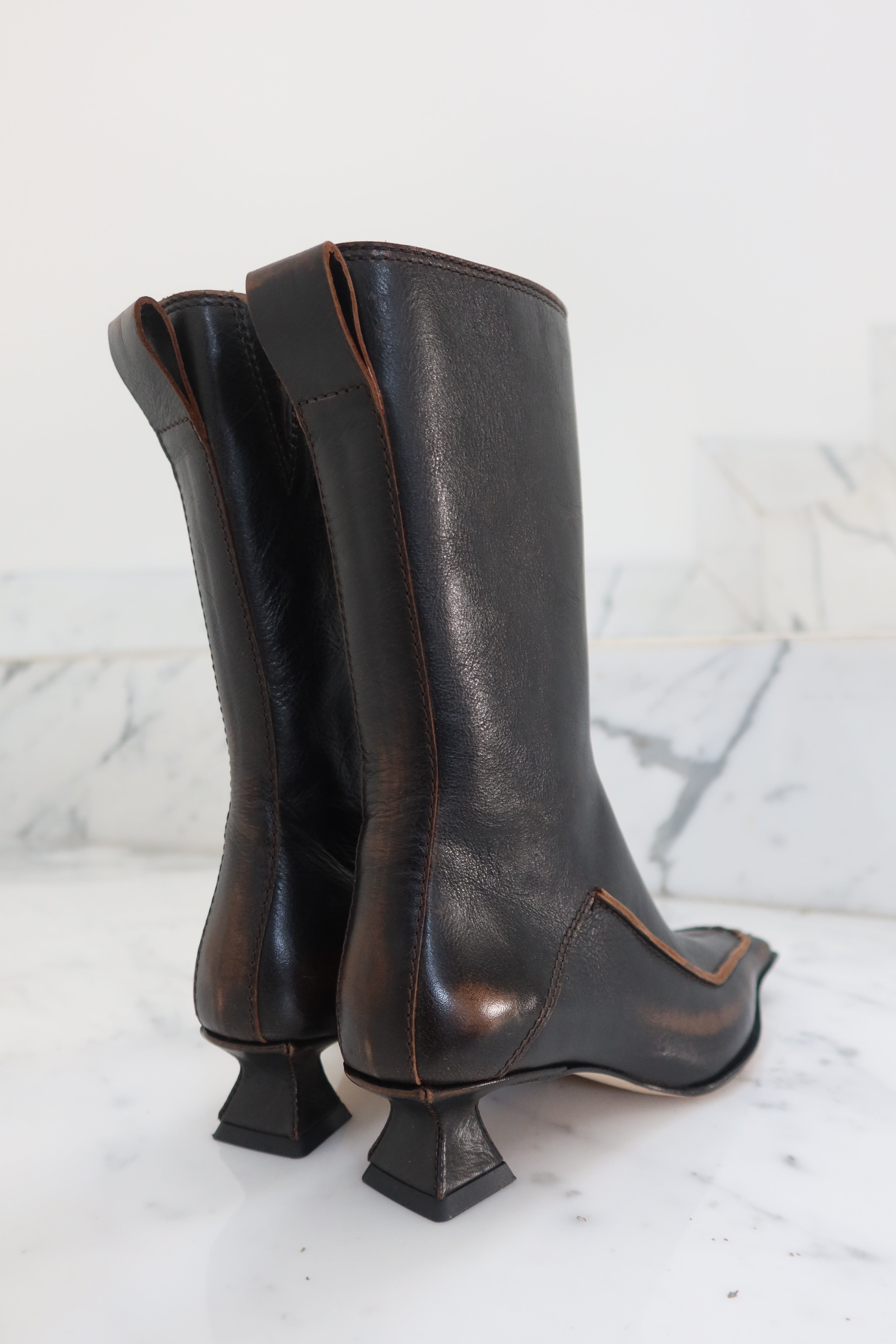 Miista Black Leather Sculptural Heel Ankle Boots