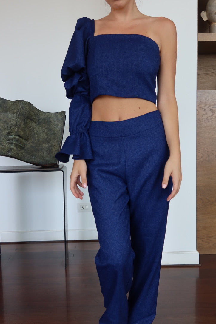 Isabella Salvador Blue One-Shoulder Set