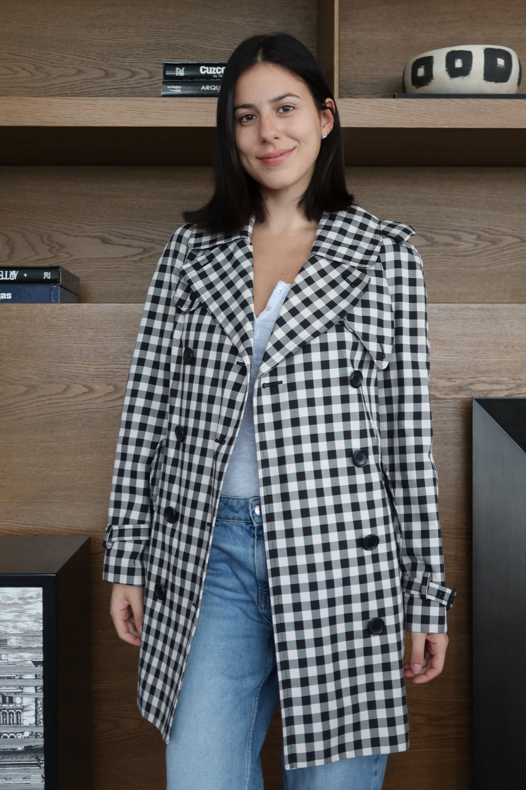 Coach Black & White Gingham Trench Coat