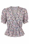 AllSaints Floral Print Puff-Sleeve Peplum Blouse
