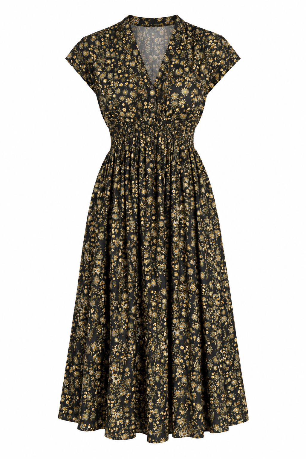 Vestido Midi Negro con Estampado Dorado Sandro