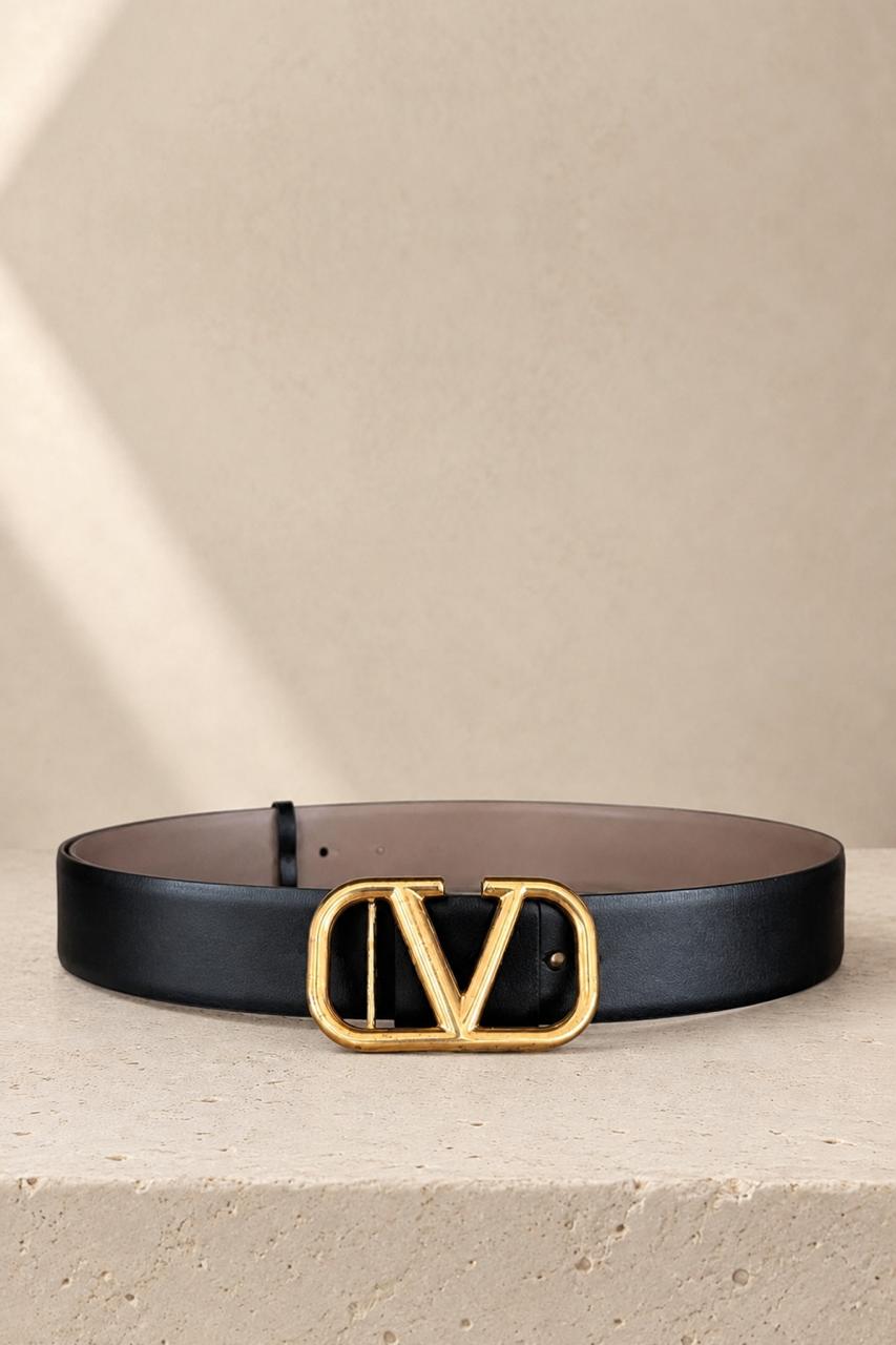 Correa Reversible de Cuero Negra y Taupe Valentino VLogo