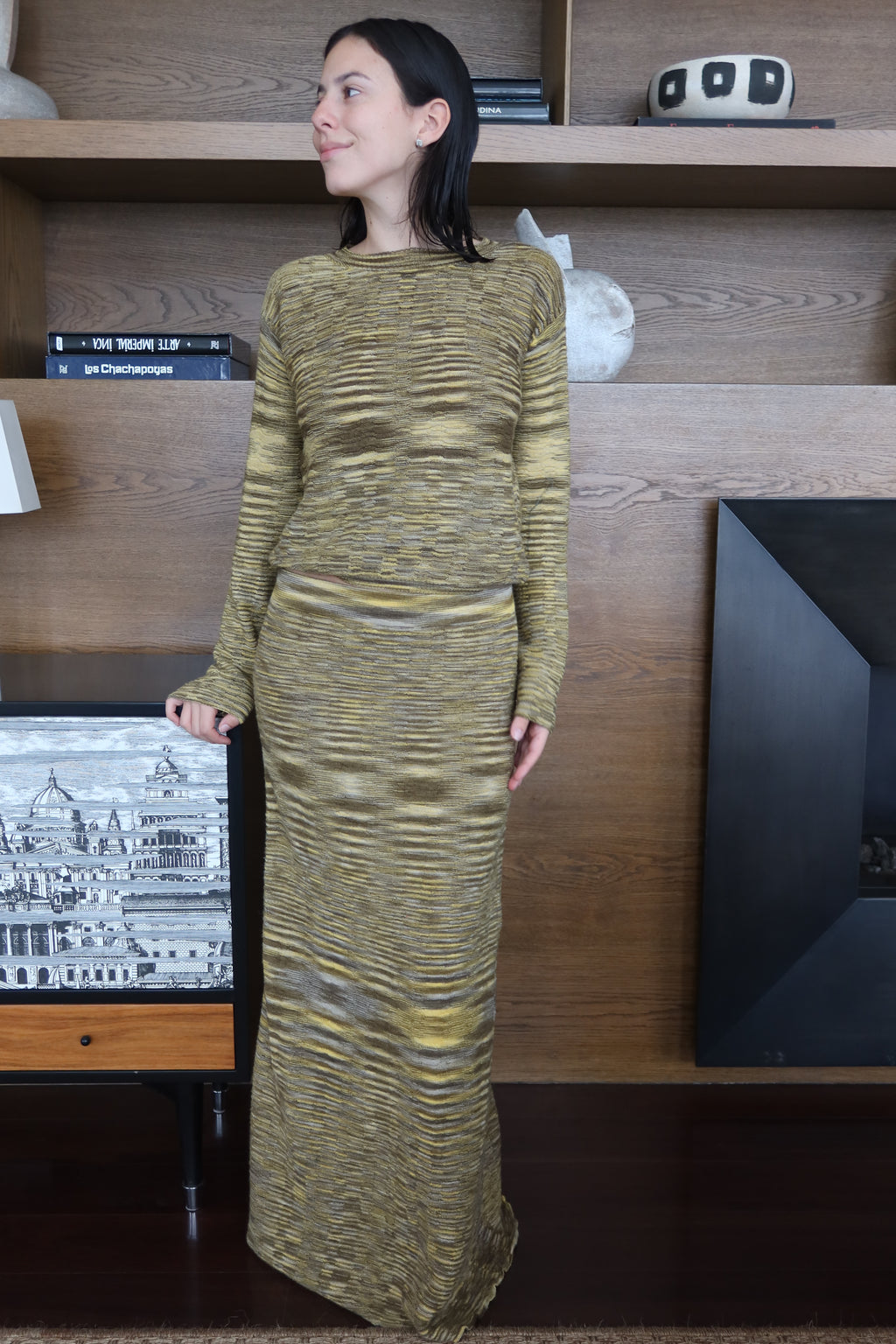 Fringe Green & Gold Textured Knit Maxi Set