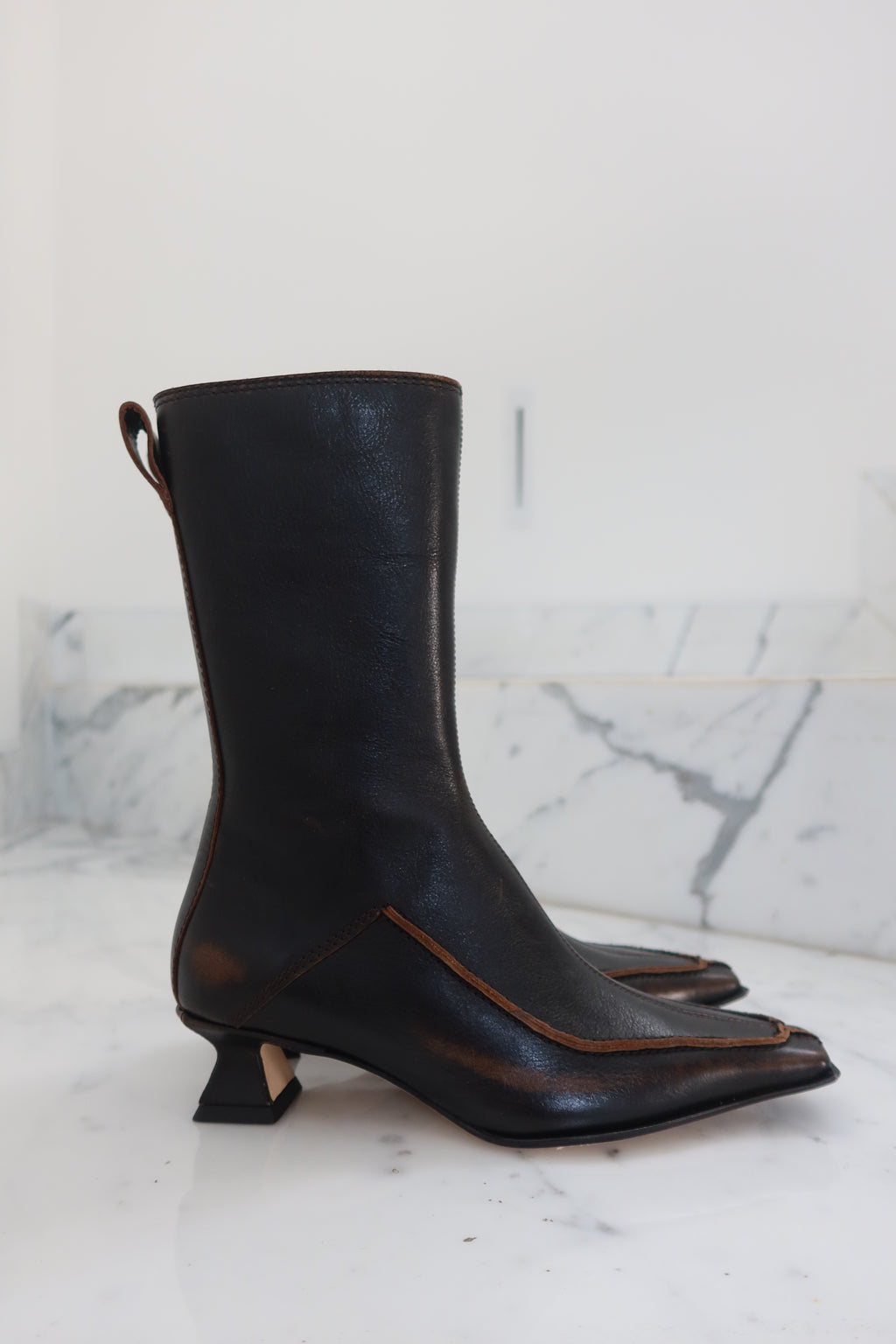 Miista Black Leather Sculptural Heel Ankle Boots