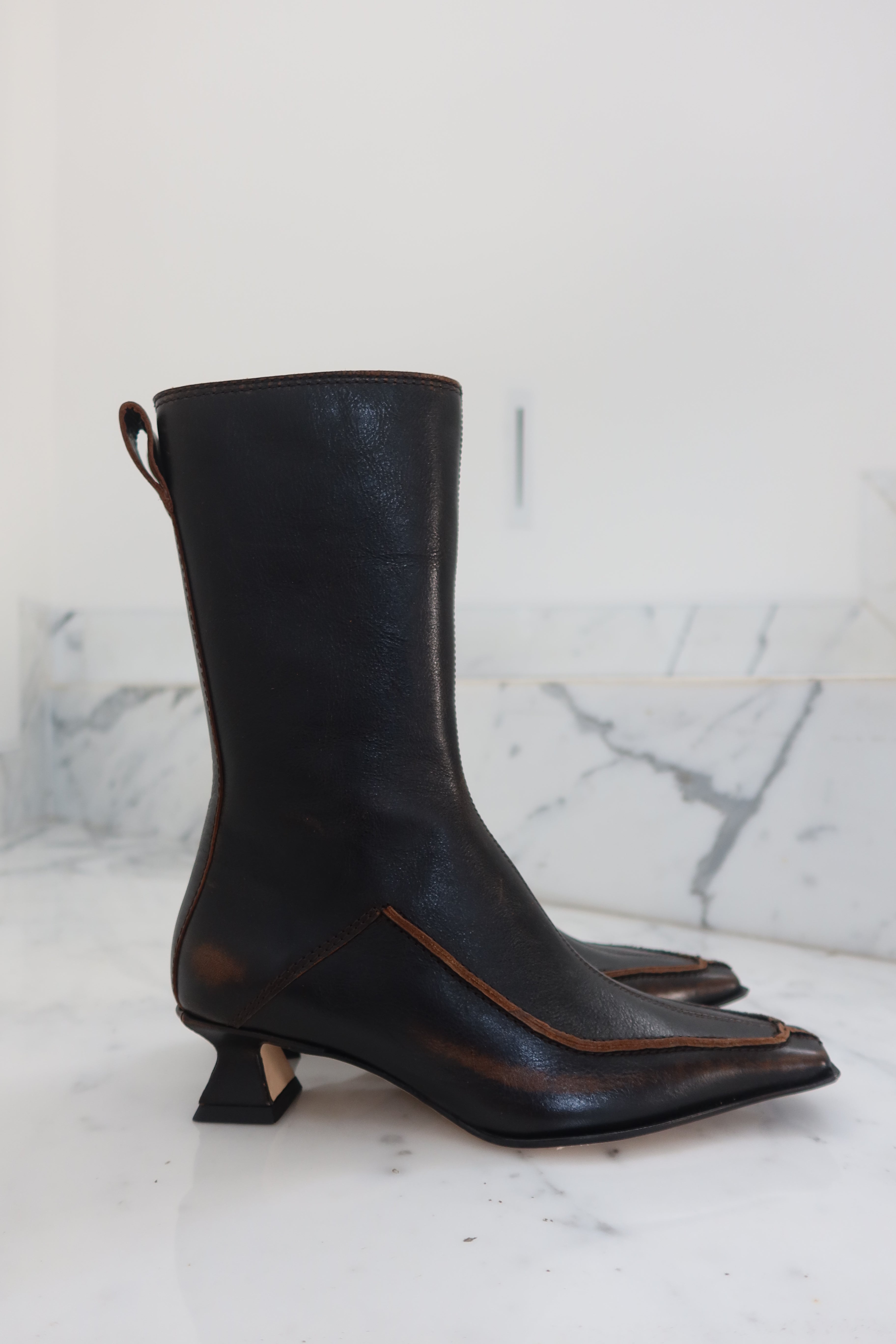 Miista Black Leather Sculptural Heel Ankle Boots