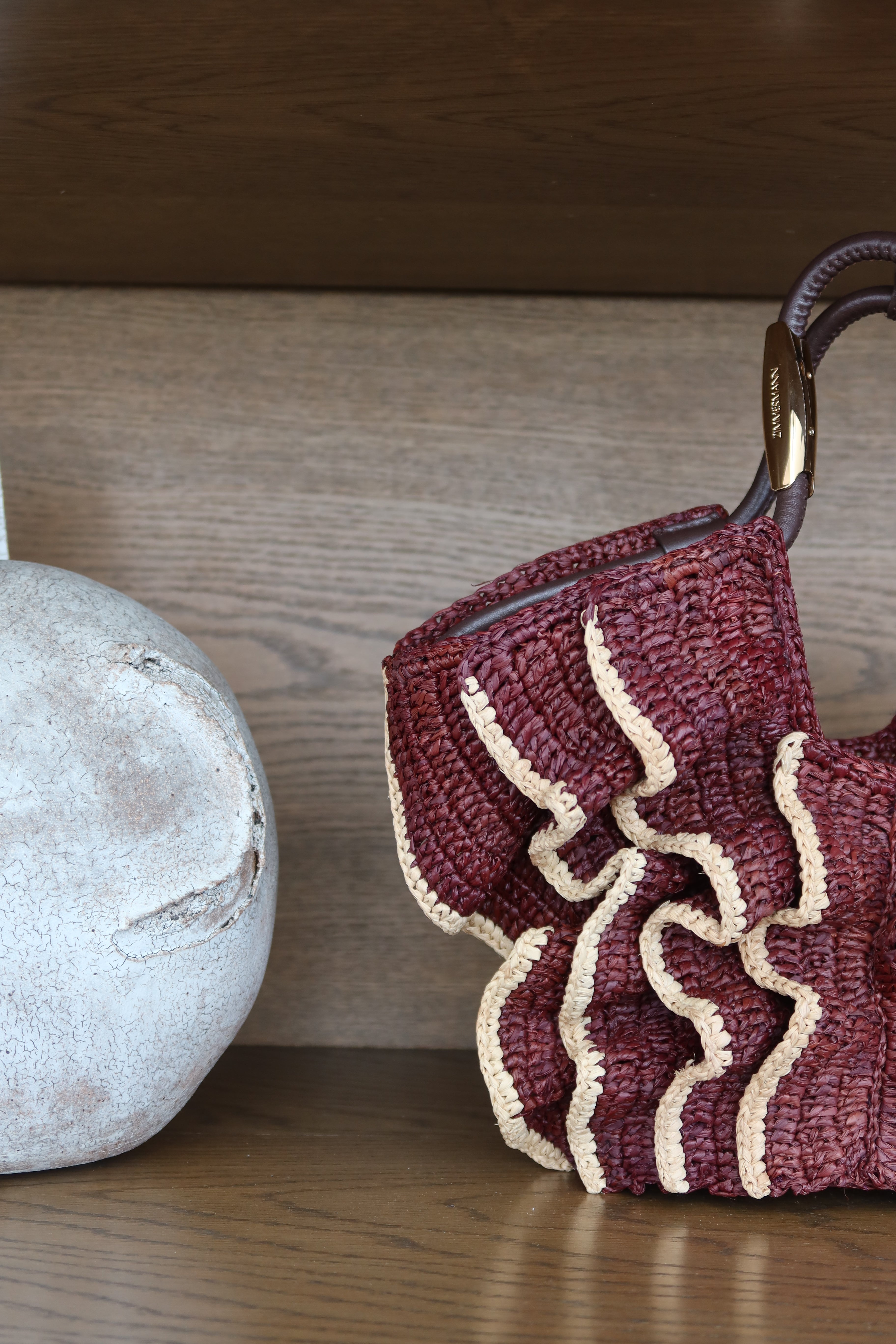 Zimmermann Burgundy Raffia Ruffle Mini Bag