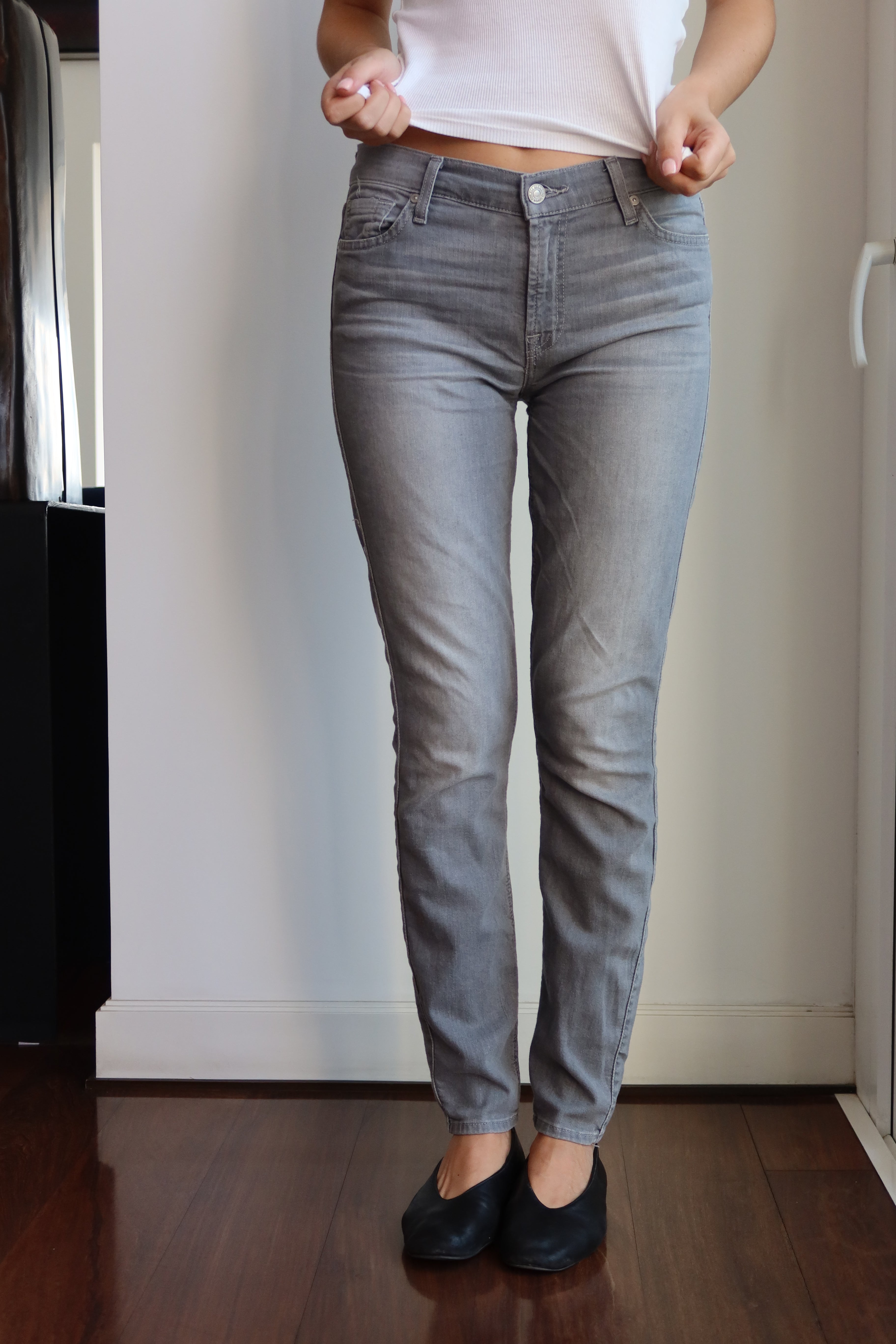 7 For All Mankind Grey Mid-Rise Skinny Jeans