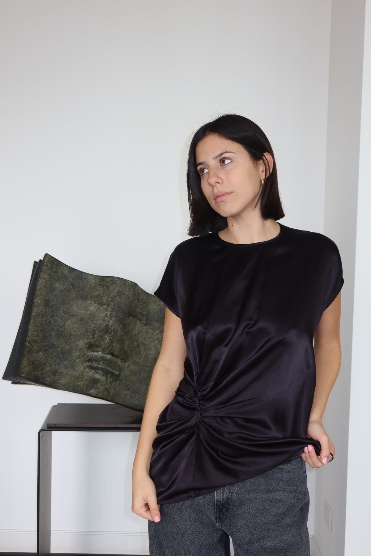 Helmut Lang Black Satin Draped Top