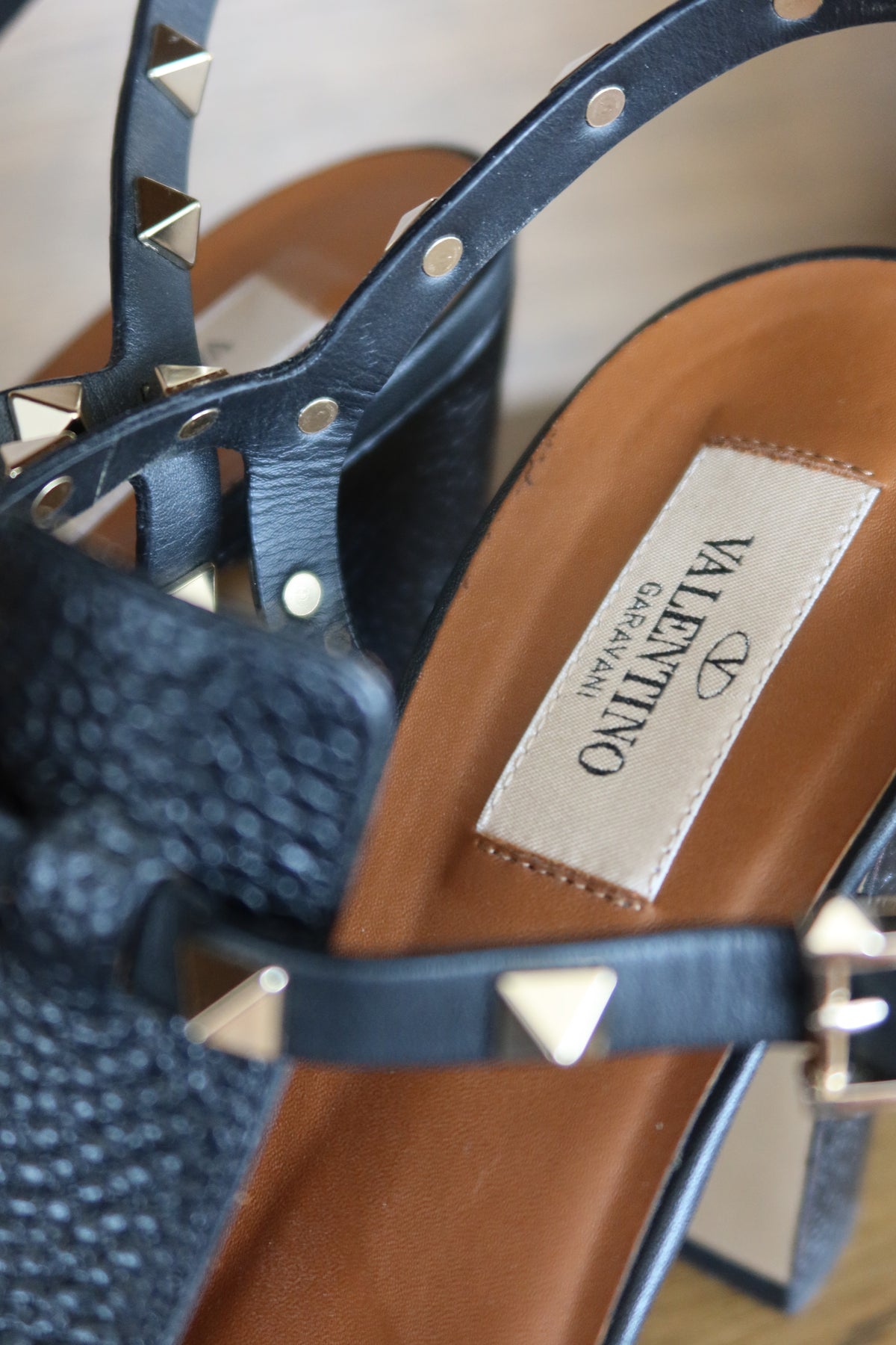 Valentino Garavani Black Leather Rockstud Block Heel Sandals