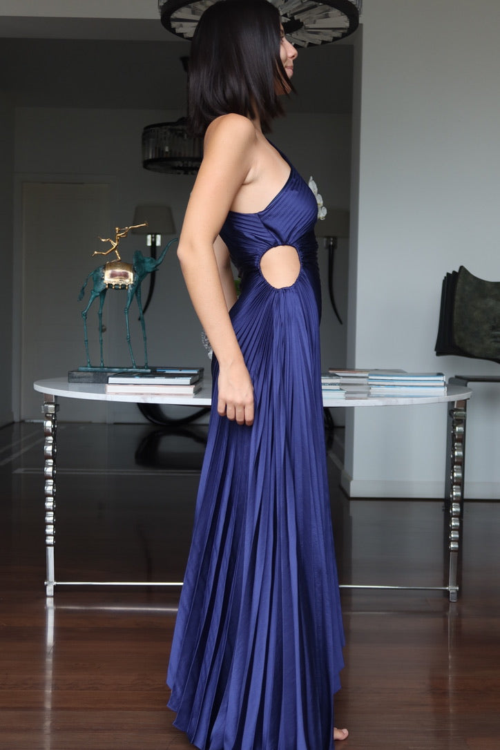 Vestido Maxi Azul Marino Plisado de Un Hombro A.L.C