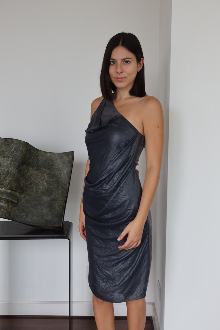 AllSaints Black One-Shoulder Draped Midi Dress