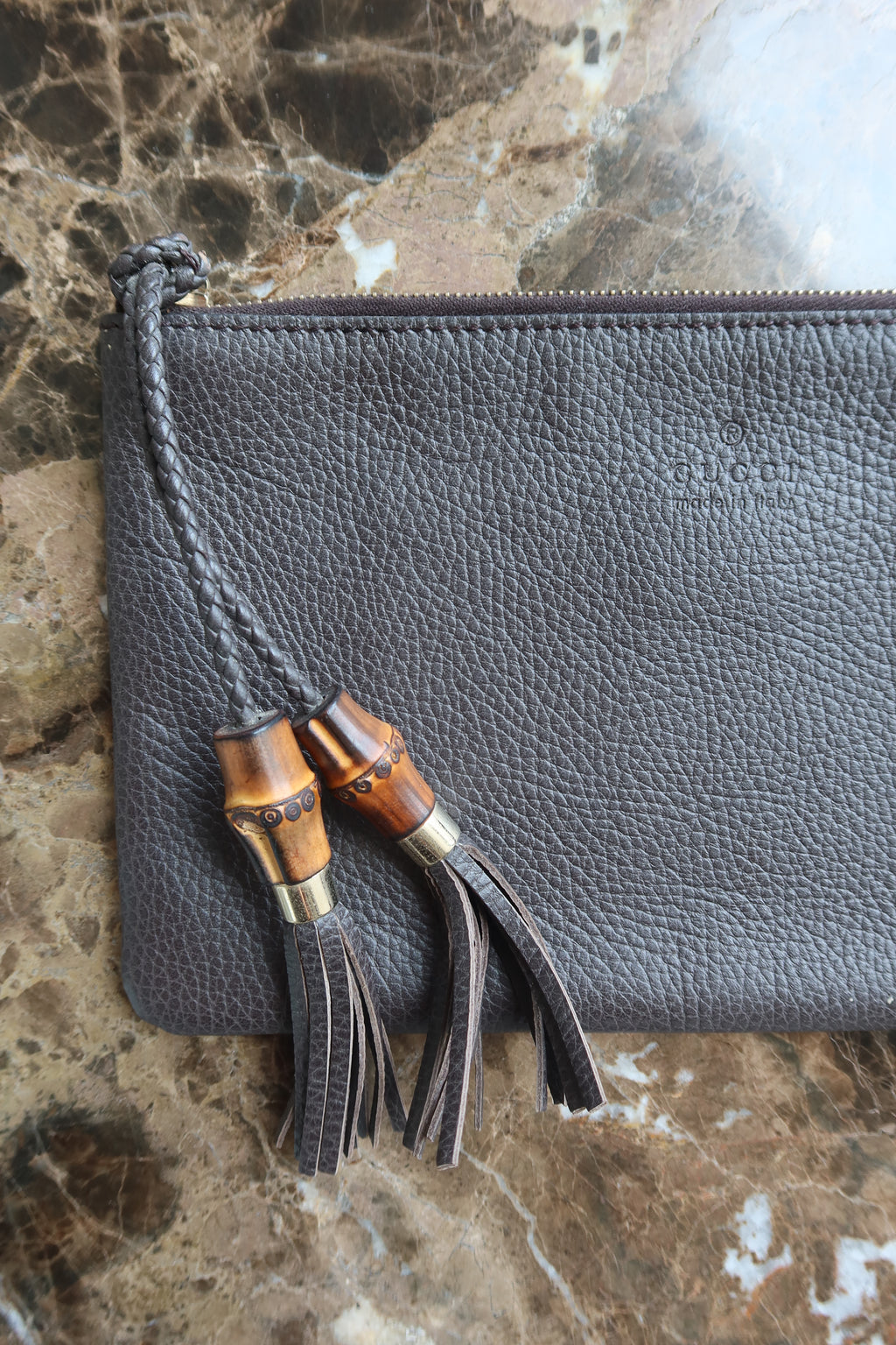 Gucci Dark Brown Bamboo Tassel Leather Pouch