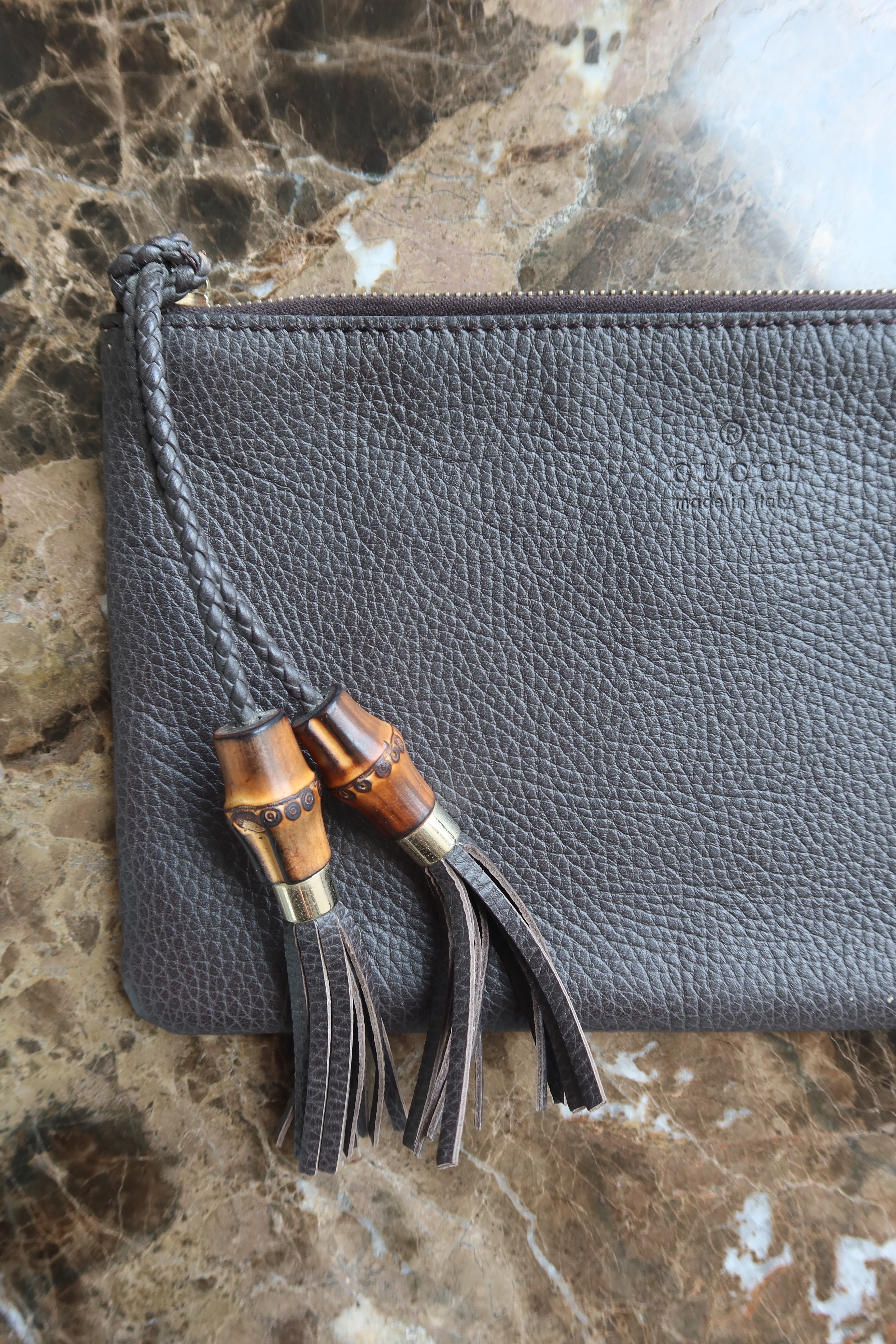 Gucci Dark Brown Bamboo Tassel Leather Pouch