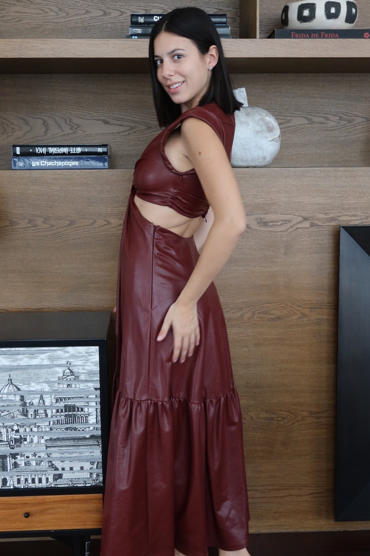 A.L.C. Burgundy Faux Leather Cutout Maxi Dress