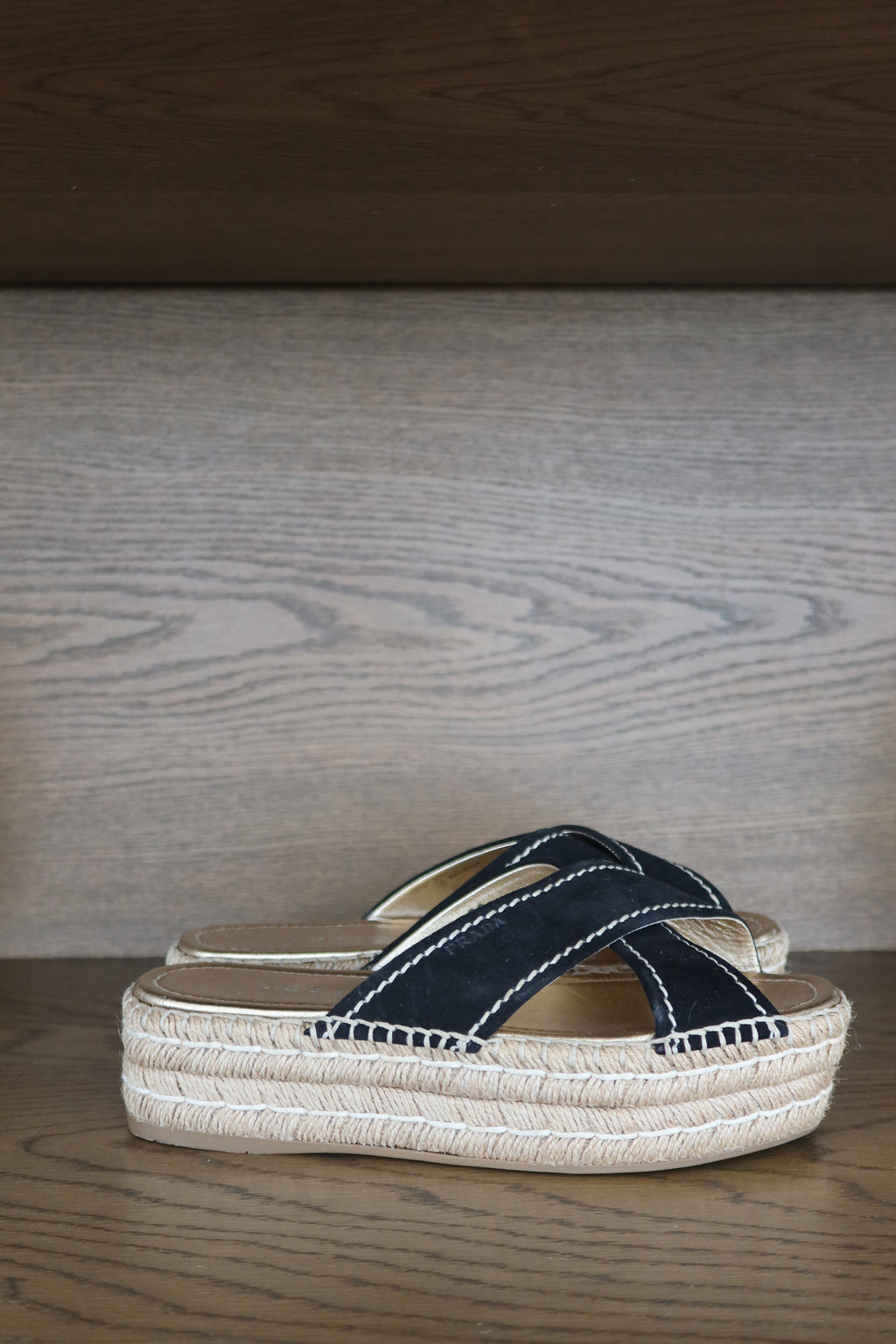 Sandalias Espadrille de Plataforma de Cuero Negro de Prada