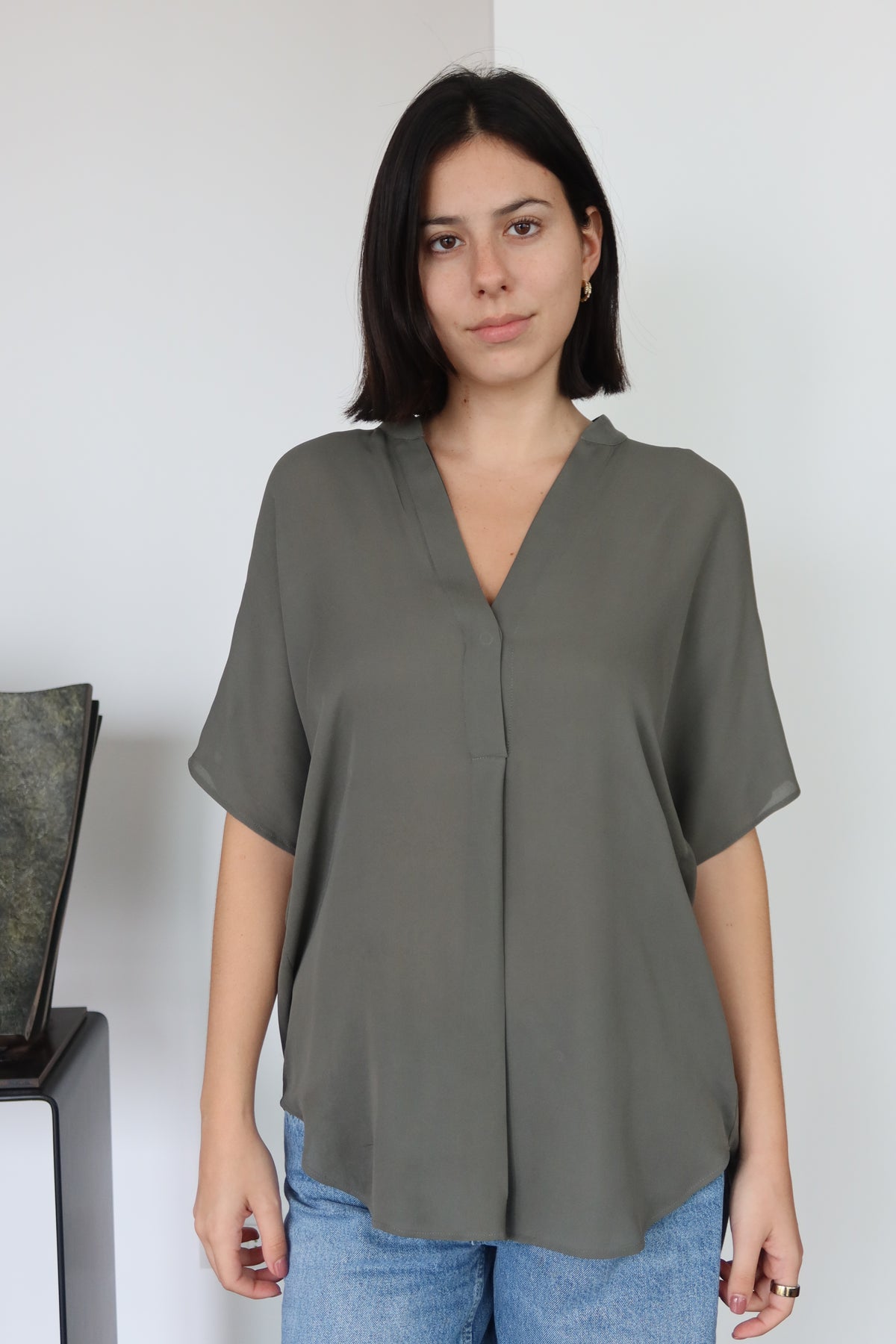 Vince Olive Oversized V-Neck Blouse