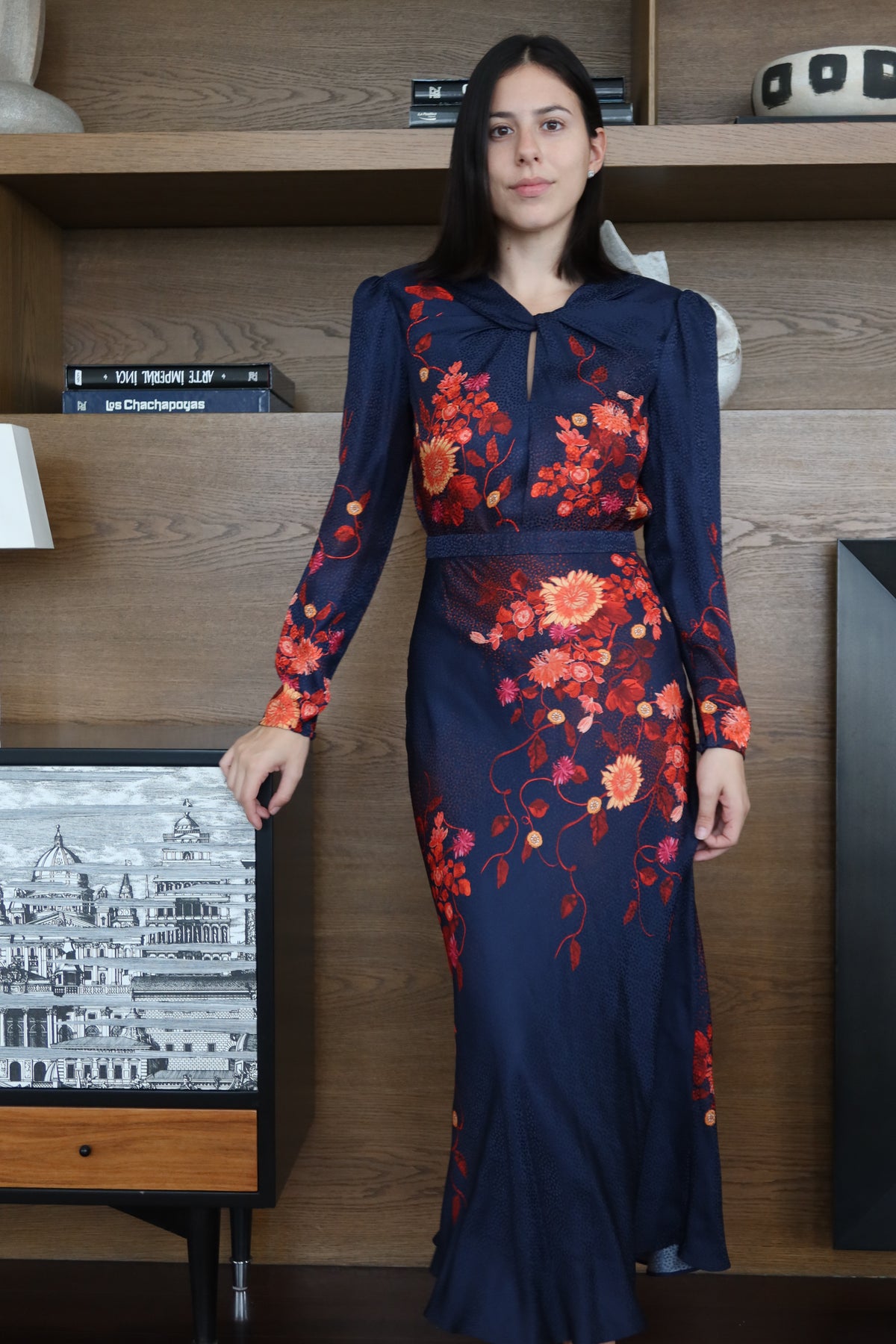 Saloni Navy Floral Print Maxi Dress