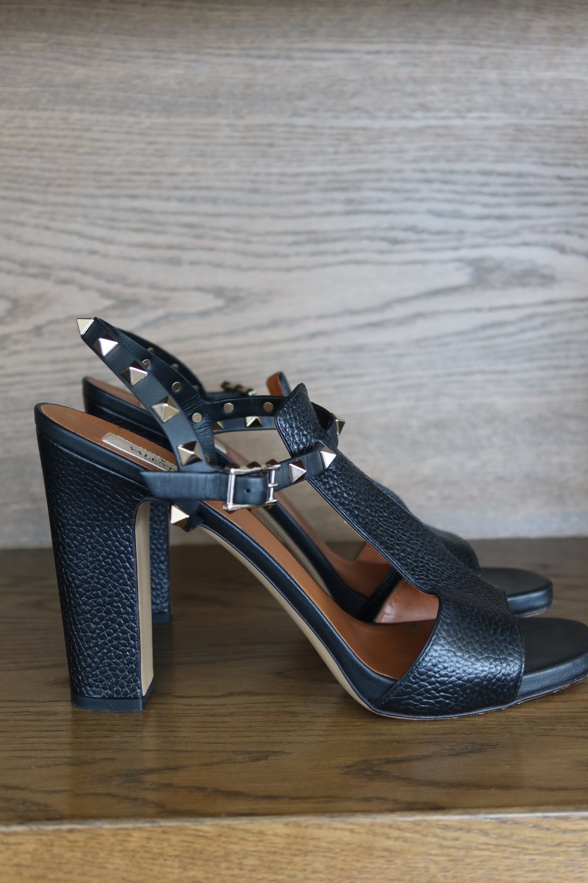 Valentino Garavani Black Leather Rockstud Block Heel Sandals