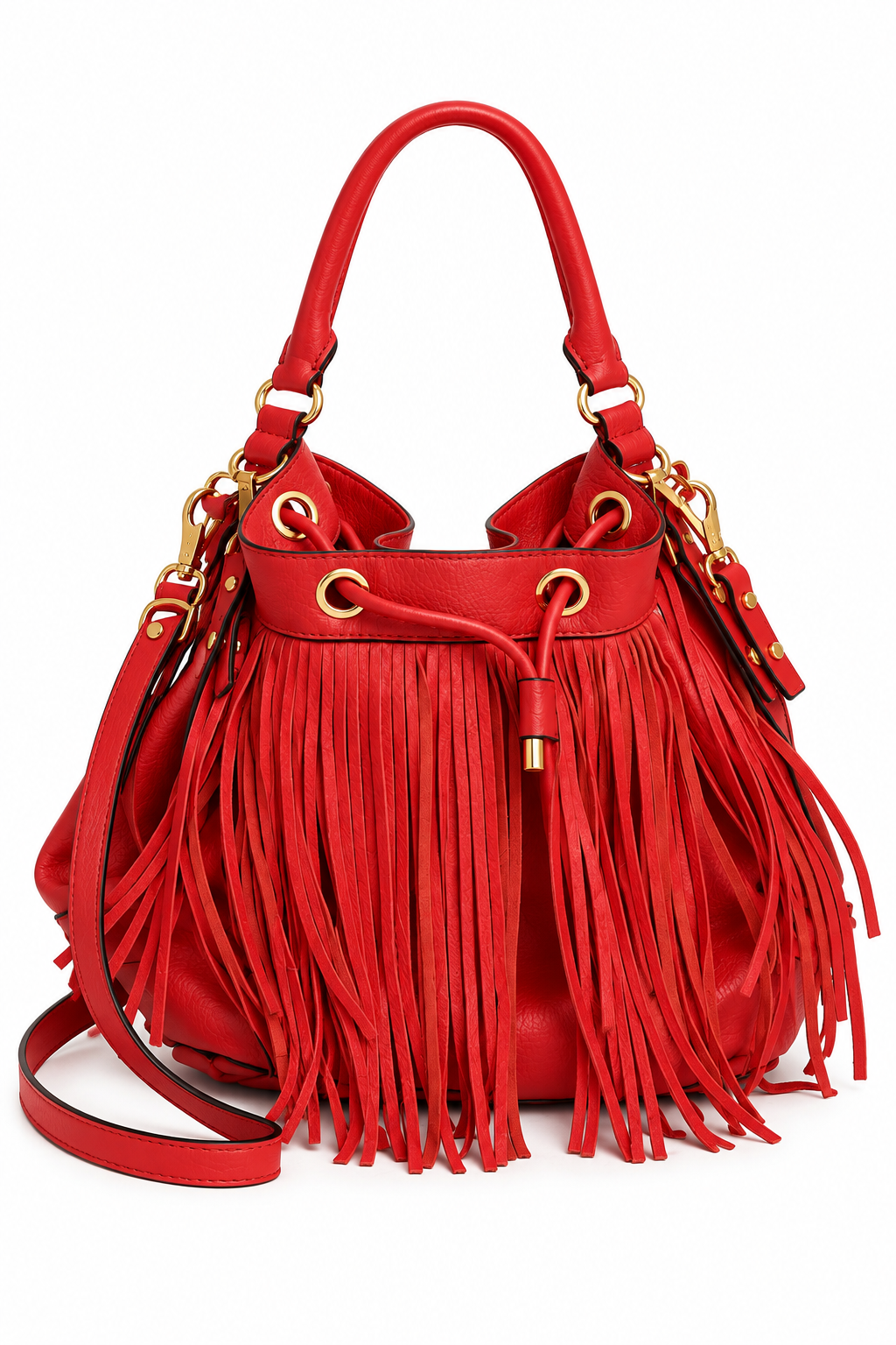Milly Red Leather Fringe Bucket Bag
