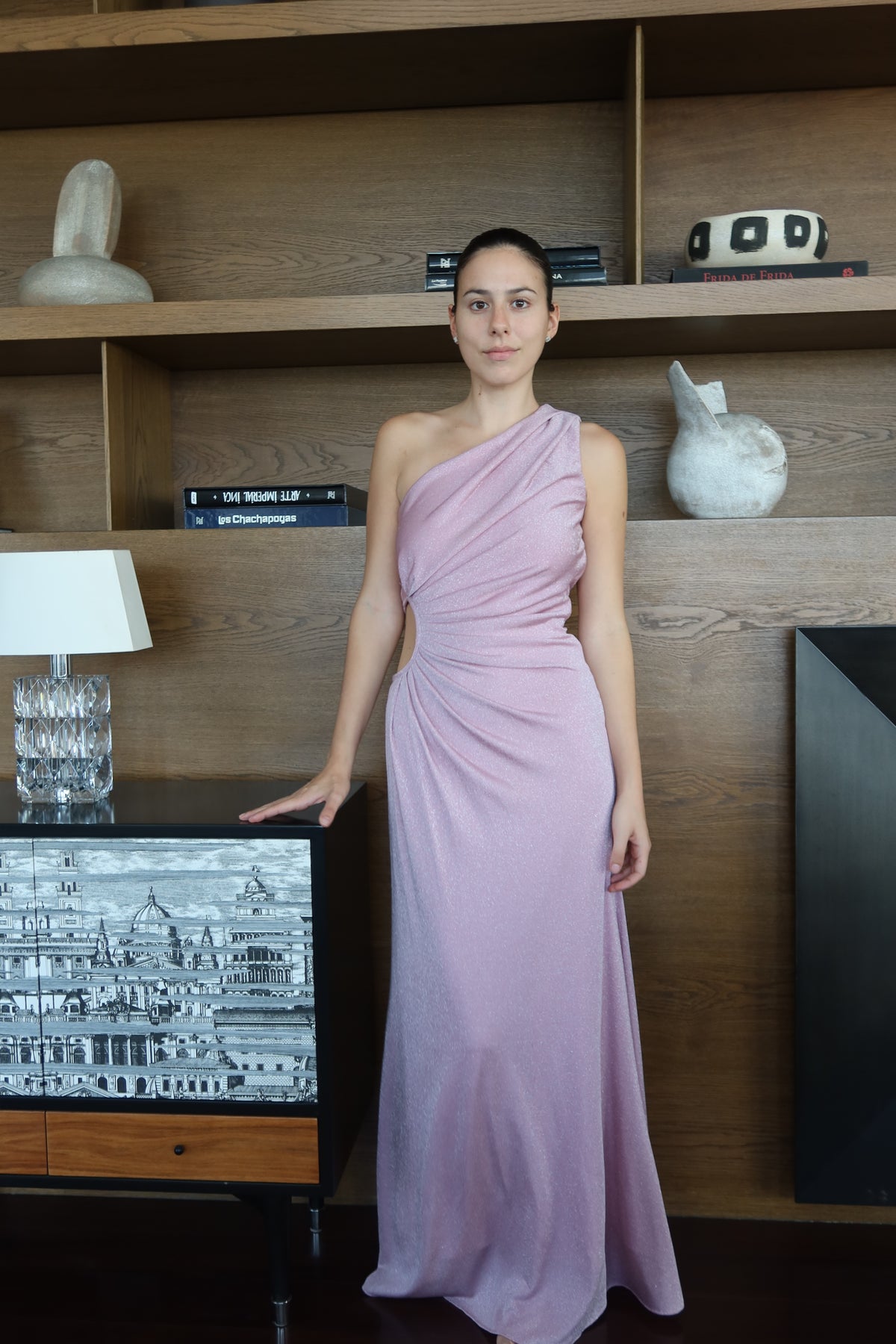 Azulu Pink Shimmer One-Shoulder Draped Maxi Dress