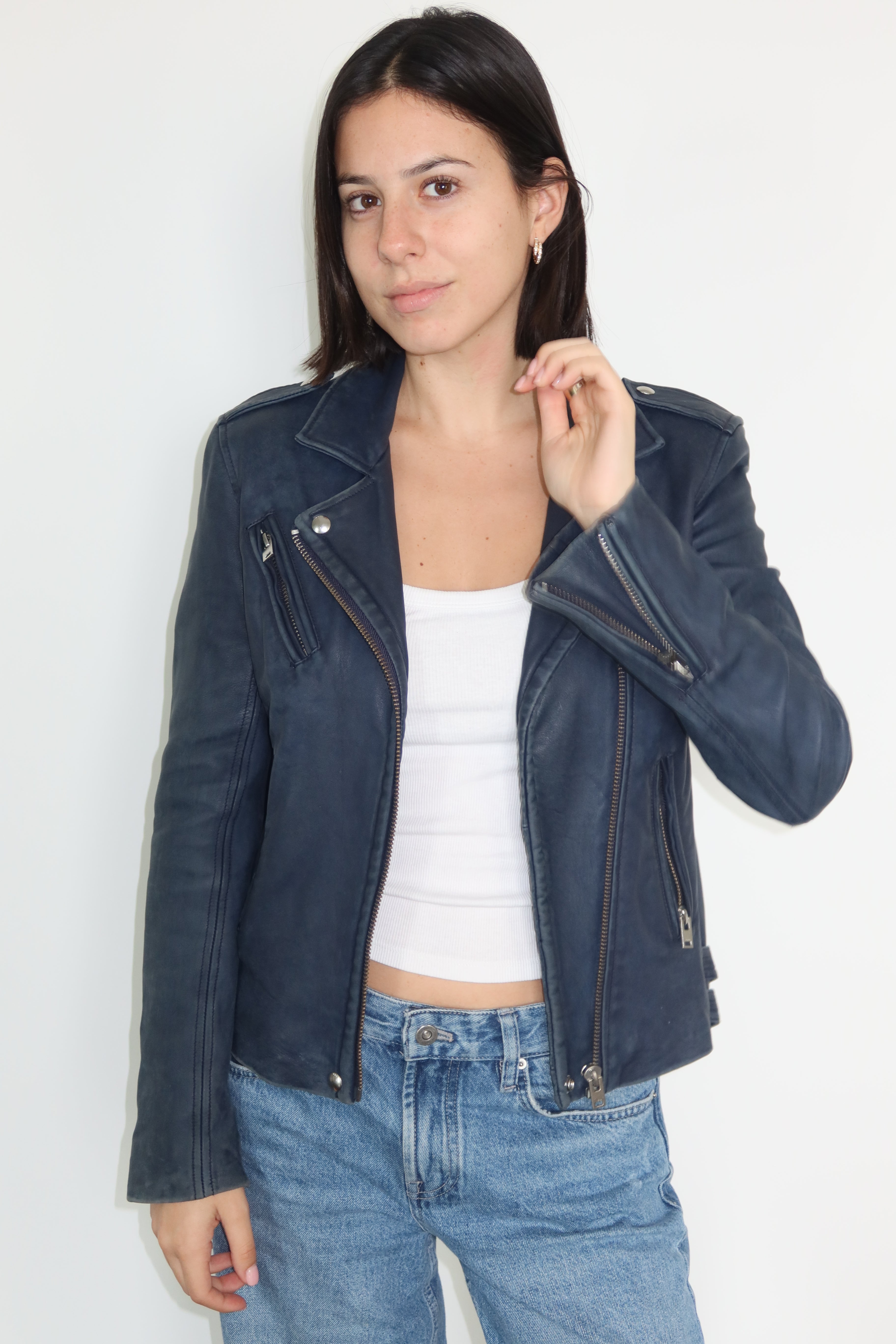 IRO Casaca Biker de Cuero Azul