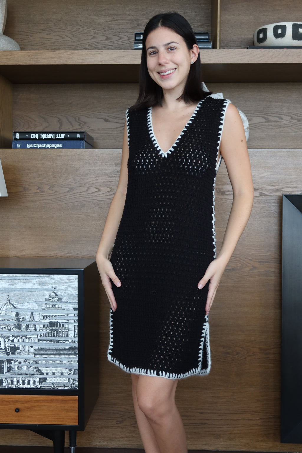 Fringe Black & White Crochet Mini Dress