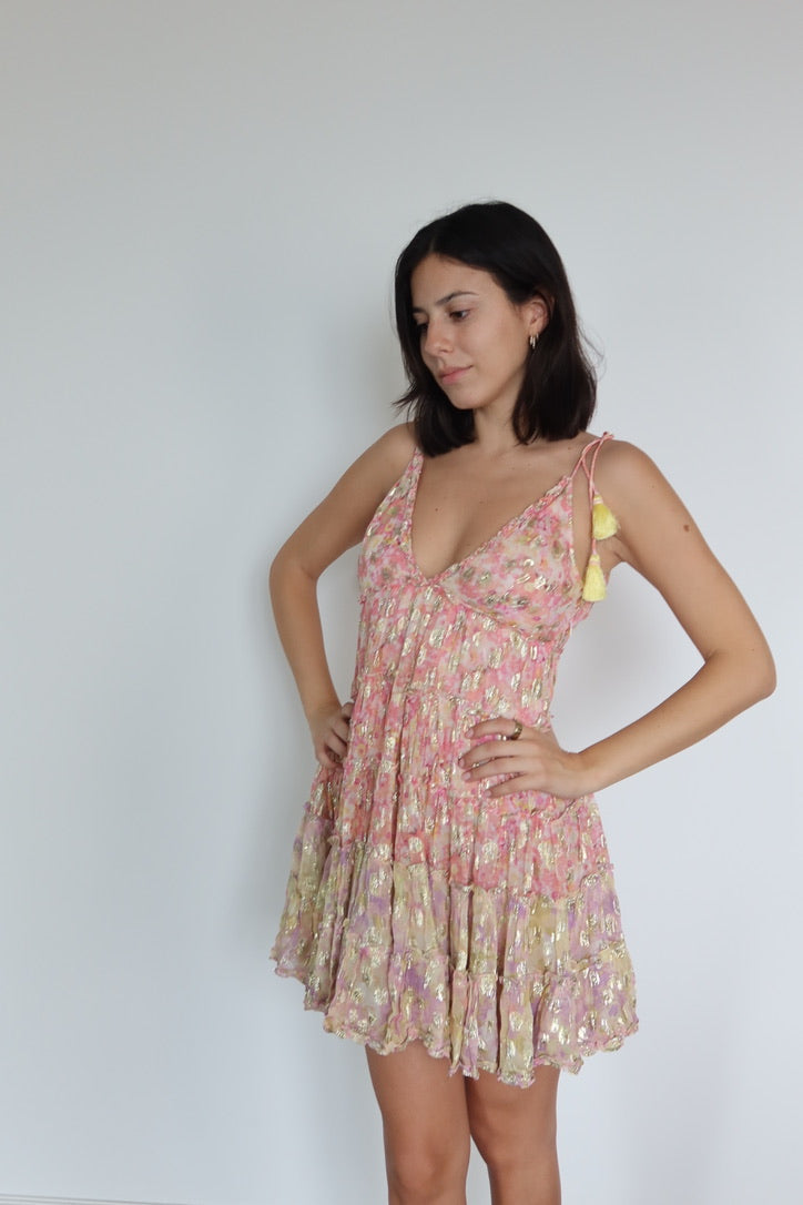 Vestido Mini Floral Metalizado Rococo Sand