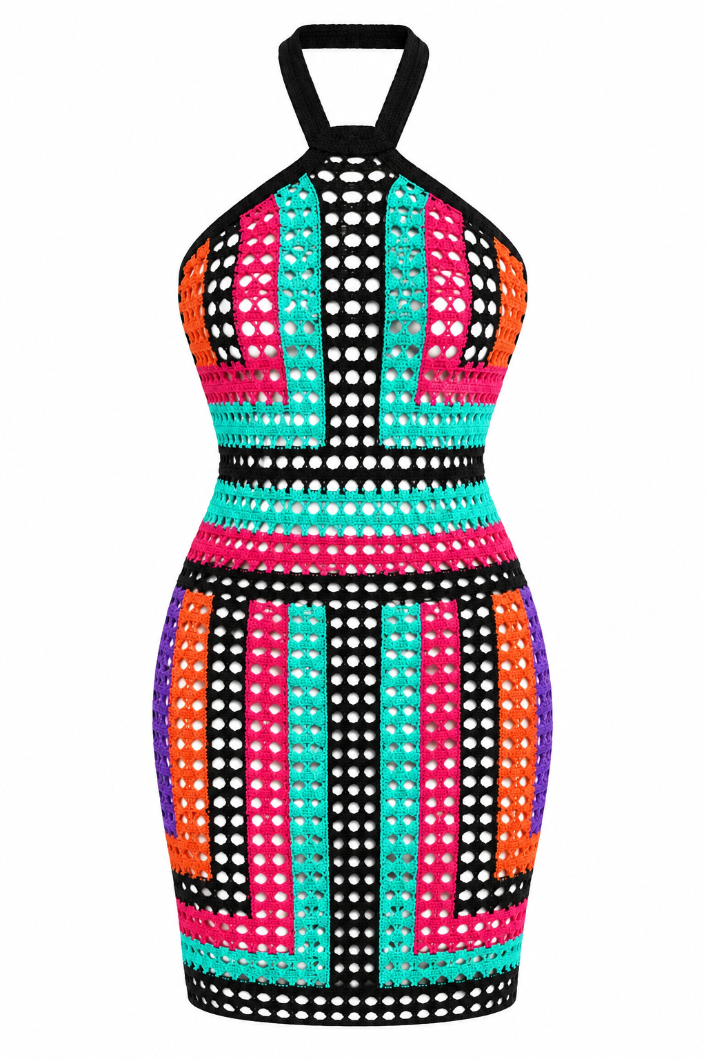 Balmain Multicolor Crochet Halter Mini Dress