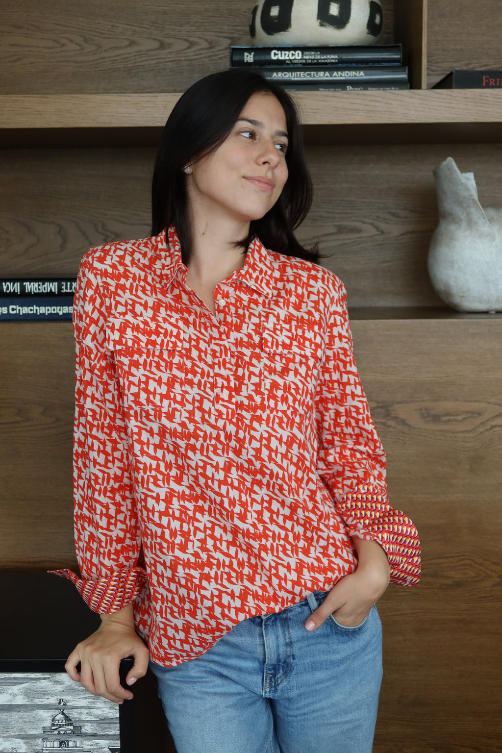 Robert Graham Red & White Geometric-Print Blouse