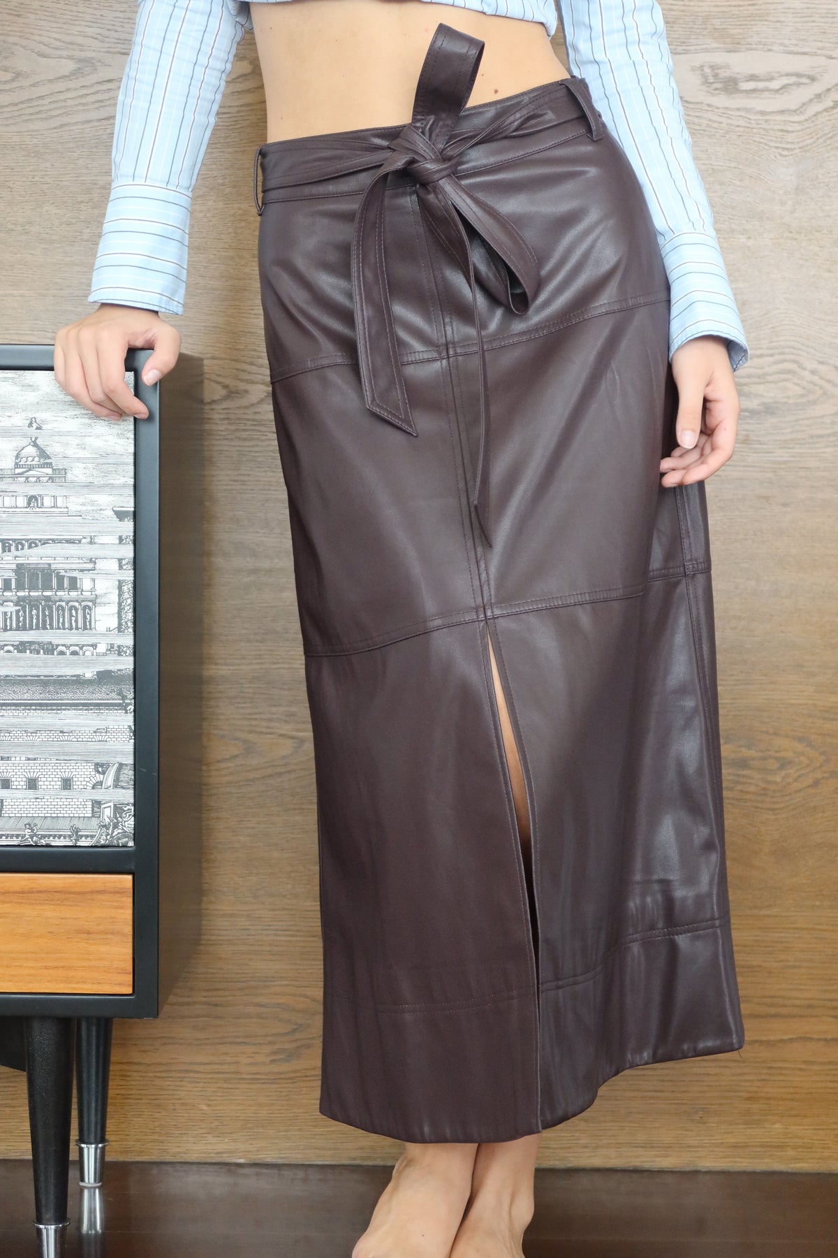 Tanya Taylor Brown Leather Tie-Waist Midi Skirt