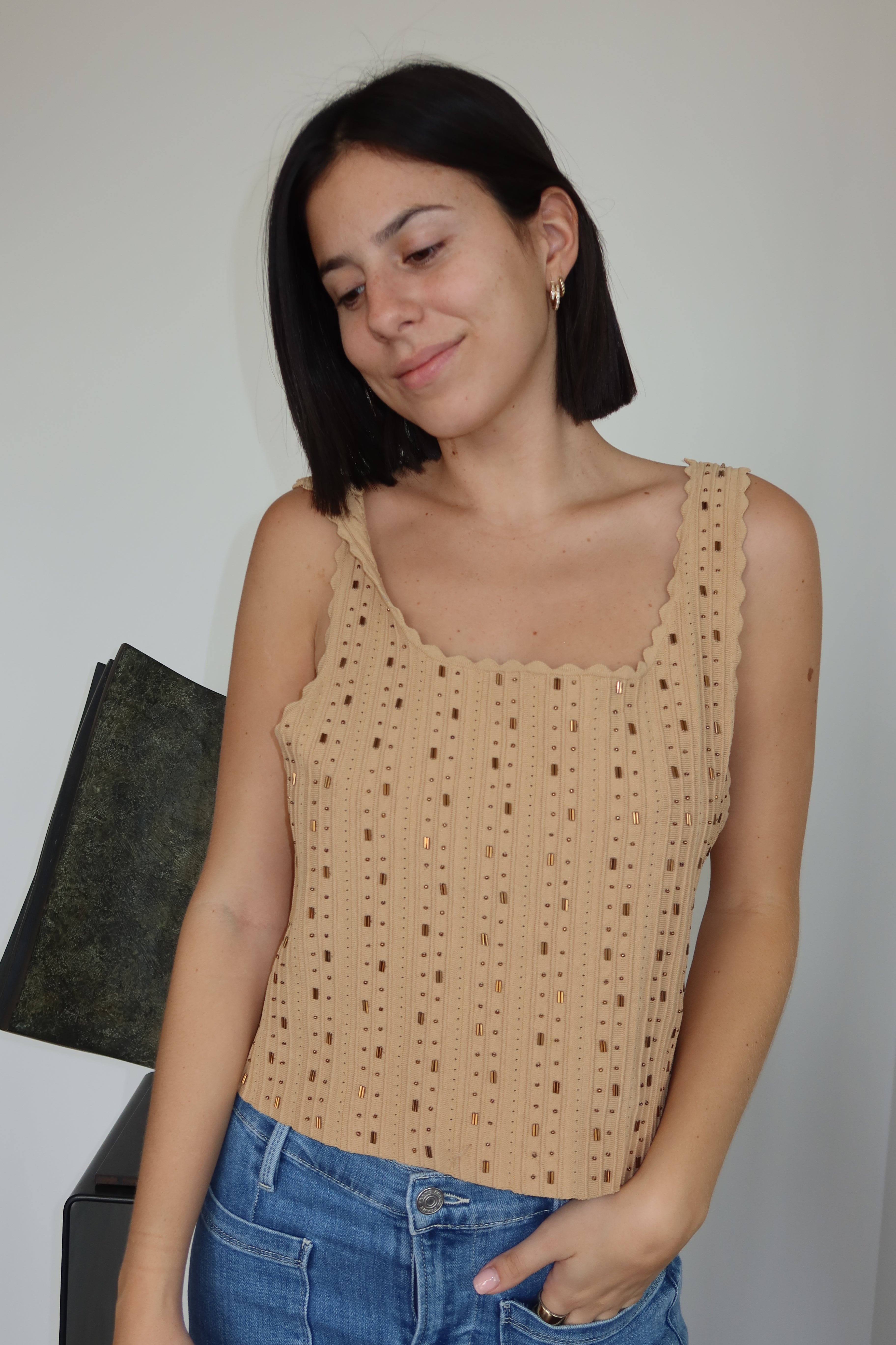 Sandro Beige Embellished Knit Tank Top