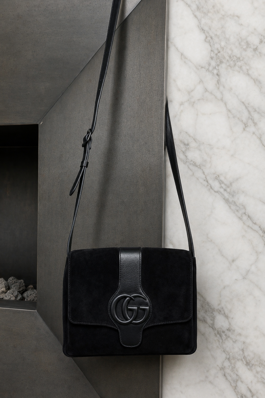 Gucci Black Suede GG Crossbody Bag