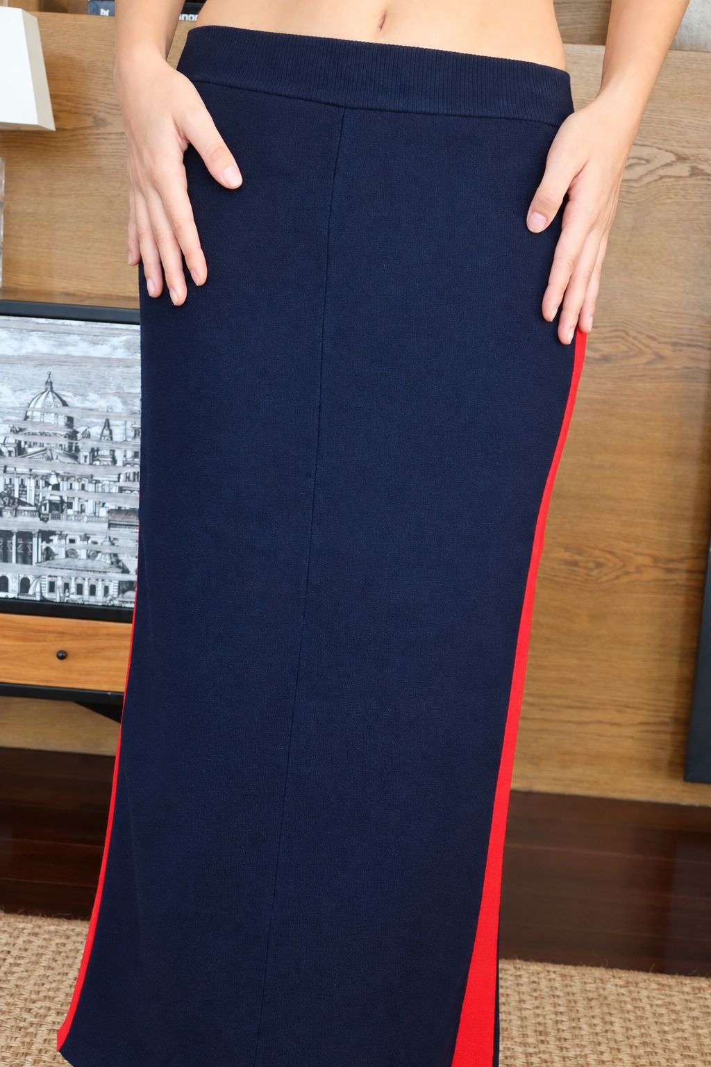 Stella McCartney Navy Blue Maxi Skirt with Red Side Stripes