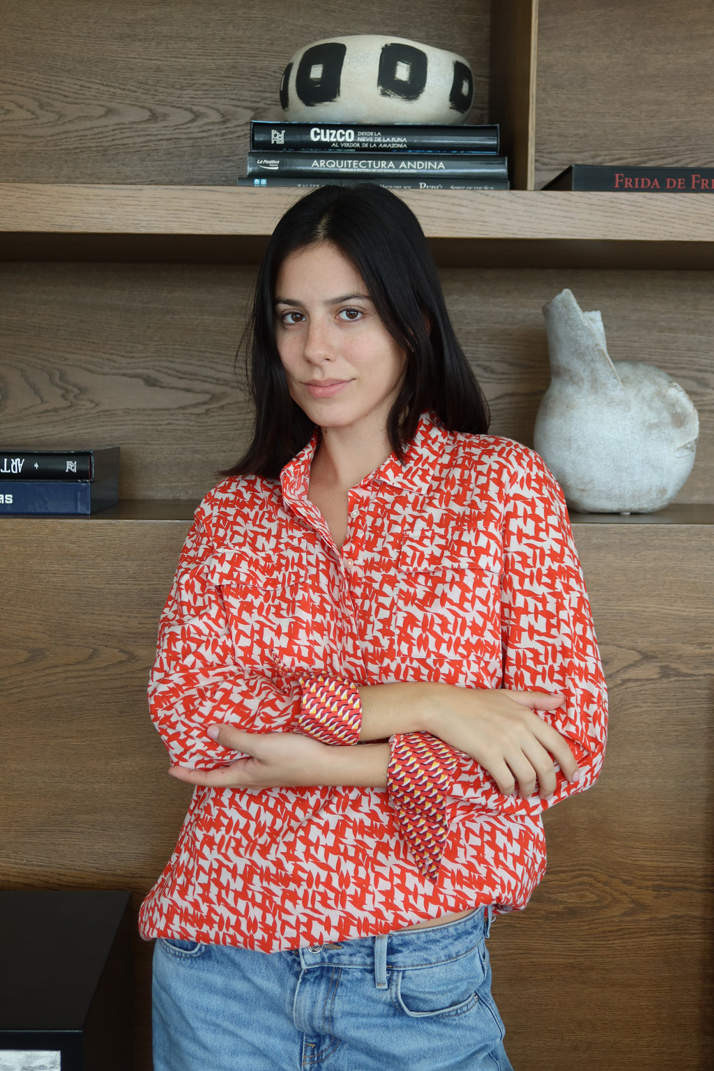 Robert Graham Red & White Geometric-Print Blouse
