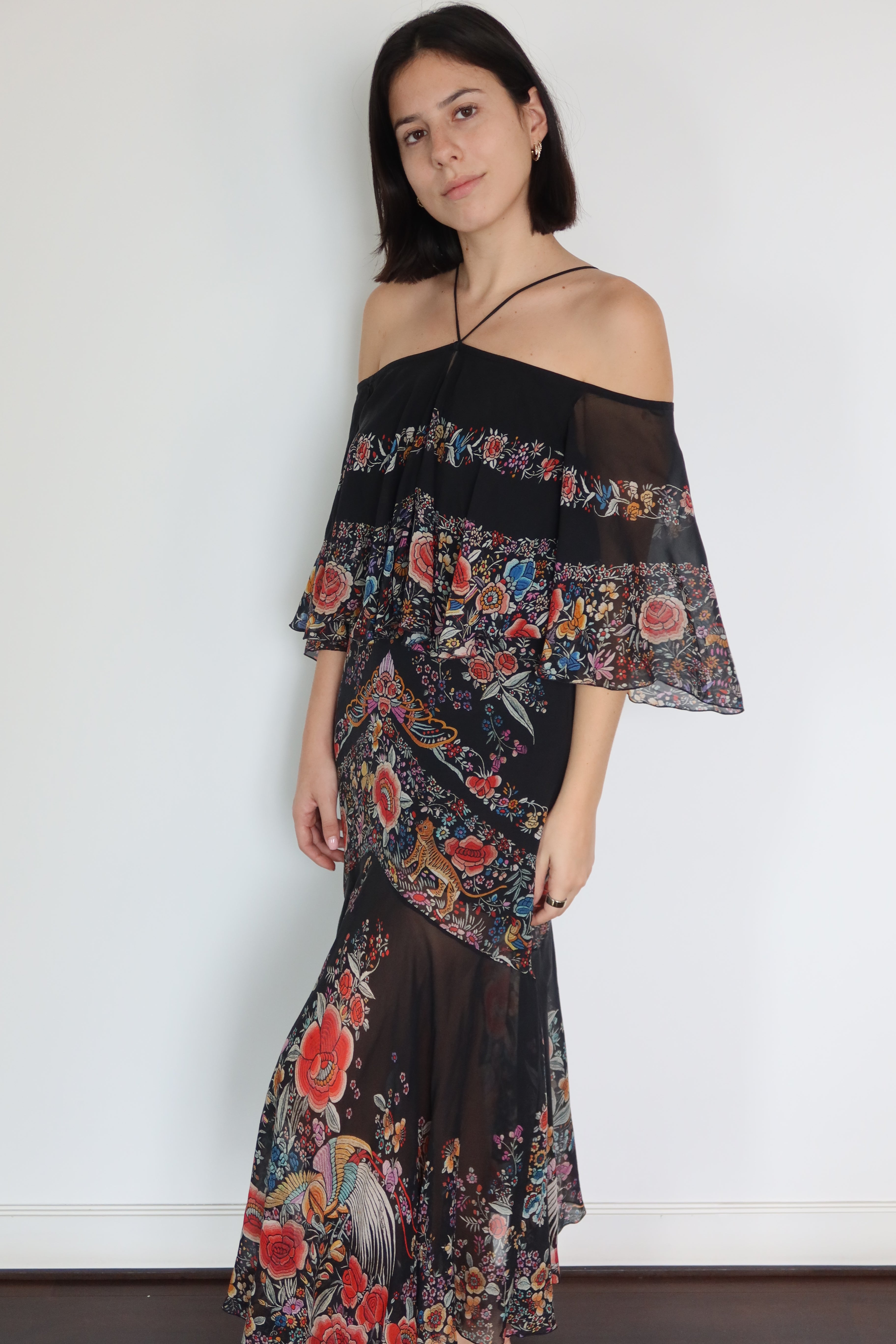 Roberto Cavalli Black Floral Silk Maxi Dress